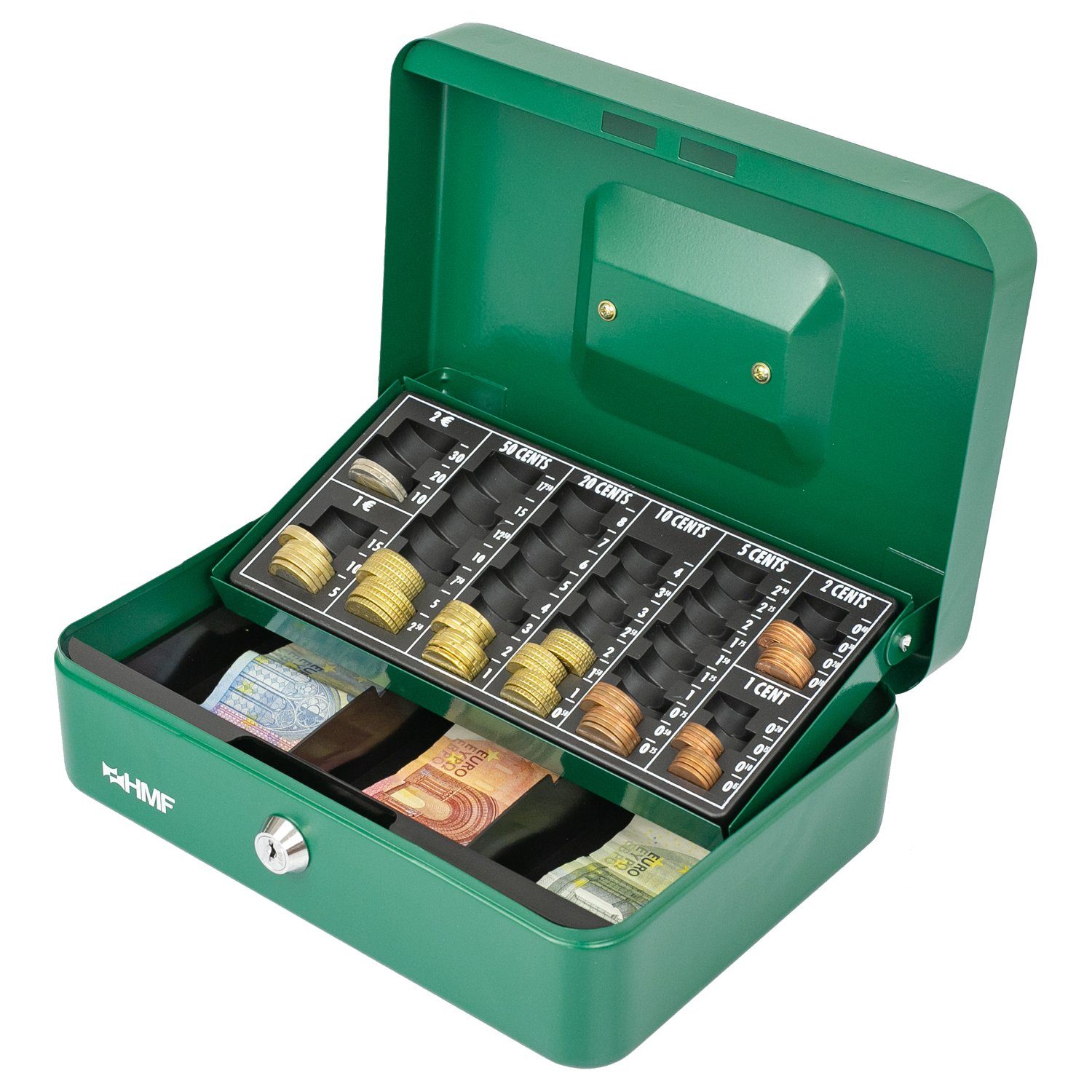 HMF Geldkassette abschließbare Bargeldkasse mit robuste Geldbox Münzzählbrett mit cm grün Scheinfach, Schlüssel, und 25x18x9