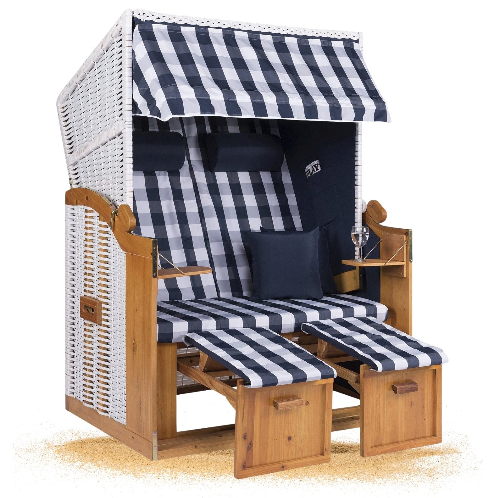 Strandkorb Hanse Strandkorb Strandkorb Ostsee XXL 120 cm Weiß Blau Kariert - zerlegt, BxTxH: 120x110x160 cm, Volllieger, Ostsee-Modell, (1-tlg), Stabiles Wacholder mit handgefertigtem Polyrattangeflecht