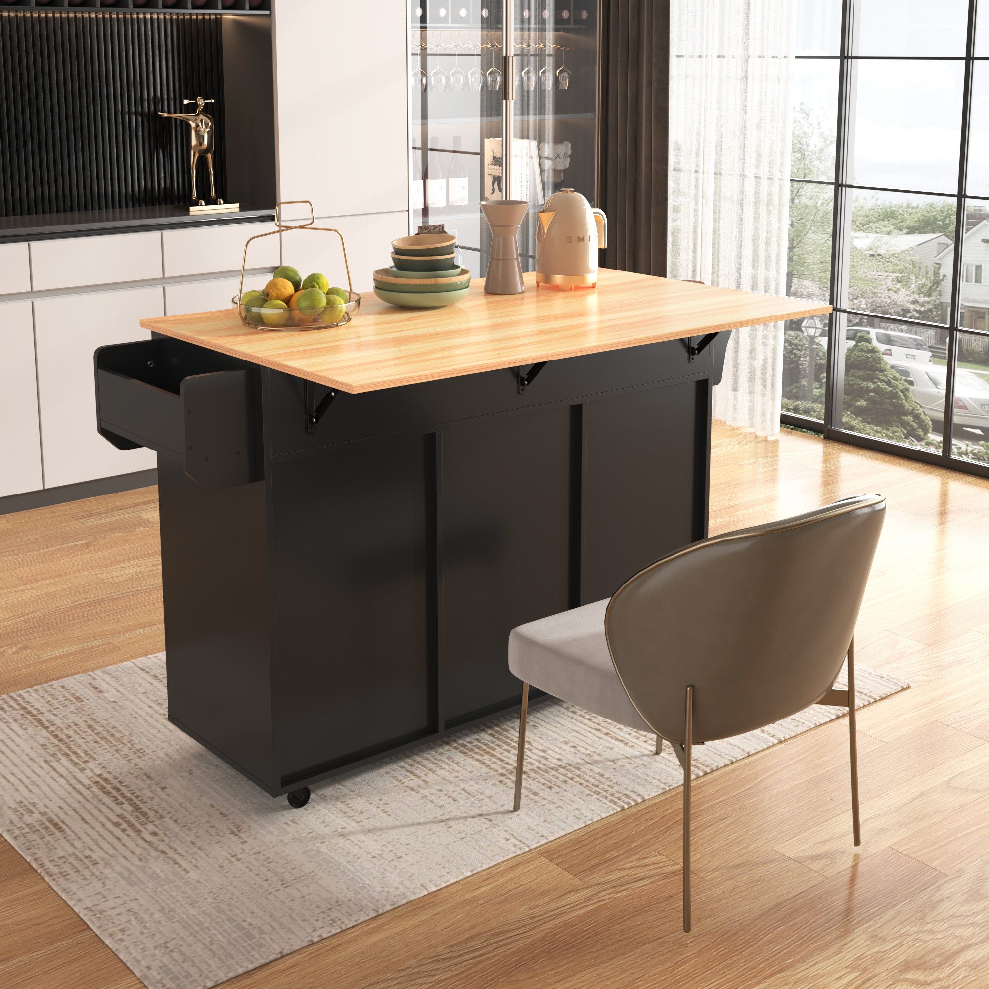 Flieks Küchenwagen mit erweiterbarer Arbeitsplatte, Rollen & Massivholzbeine austauschbar, (139x46(71)x91,5 cm, 1 St), Kücheninsel Buffetschrank Servierwagen mi – Bild 4 von 5