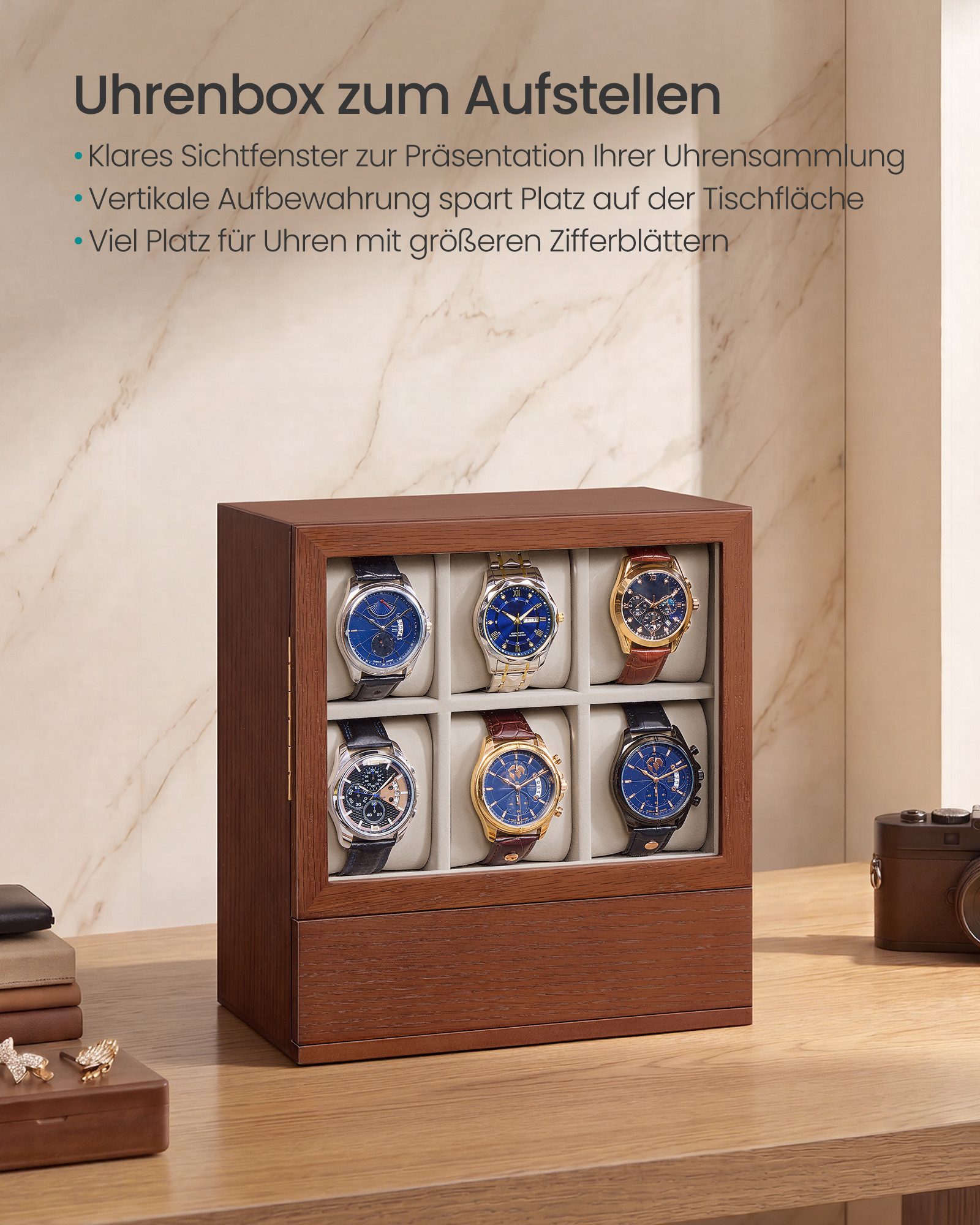 SONGMICS Uhrenbox, Uhrenbox 6 Fächer, Uhrenkasten, vertikale Aufbewahrung, Geschenkidee