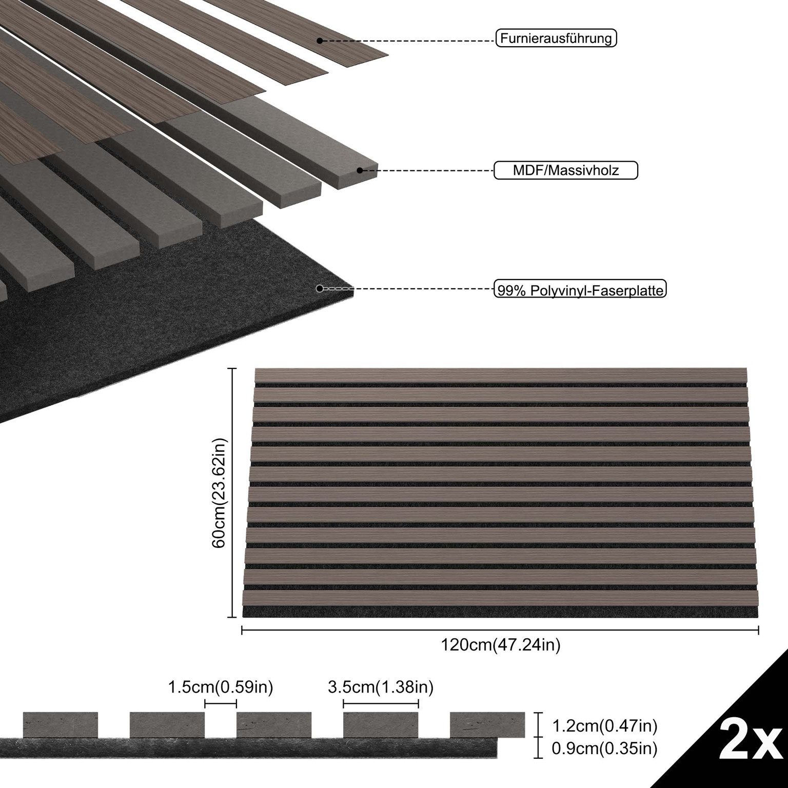 FIVMEN 3D Wandpaneel Akustikpaneele Holz Wand Holzpaneele Lamellenverkleidung, (6-tlg) aus Holzfunier und Filz 60x60cm/120x60cm