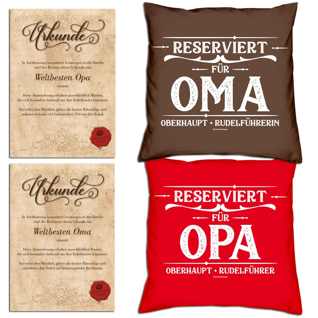 Soreso® Dekokissen Kissen-Set Reserviert für Opa Reserviert für Oma mit Urkunden, Weihnachtsgeschenk für Großeltern braun