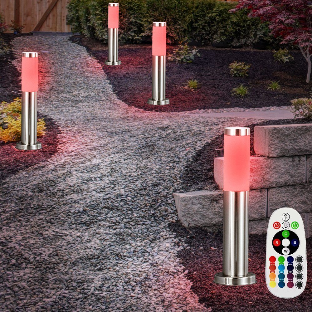 etc-shop LED Außen-Stehlampe, Leuchtmittel inklusive, Warmweiß, Farbwechsel, 4x Außen Stehlampen Garten Wegelampe Edelstahl Sockelleuchte