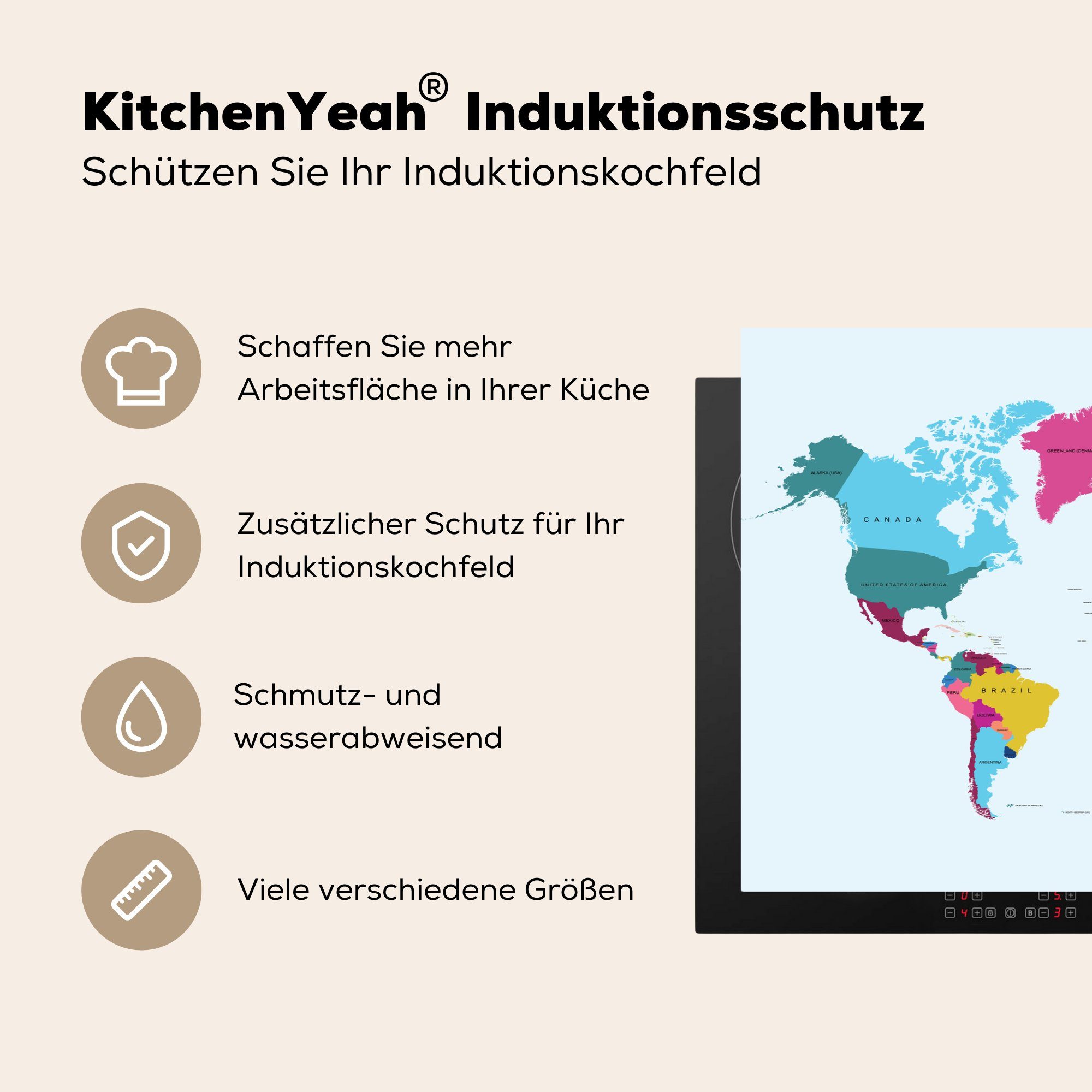 MuchoWow Herdblende-/Abdeckplatte Weltkarte - - Ceranfeldabdeckung küche, für Farbenfroh, Induktionskochfeld 81x52 cm, Schutz Trendig (1 Vinyl, tlg), die