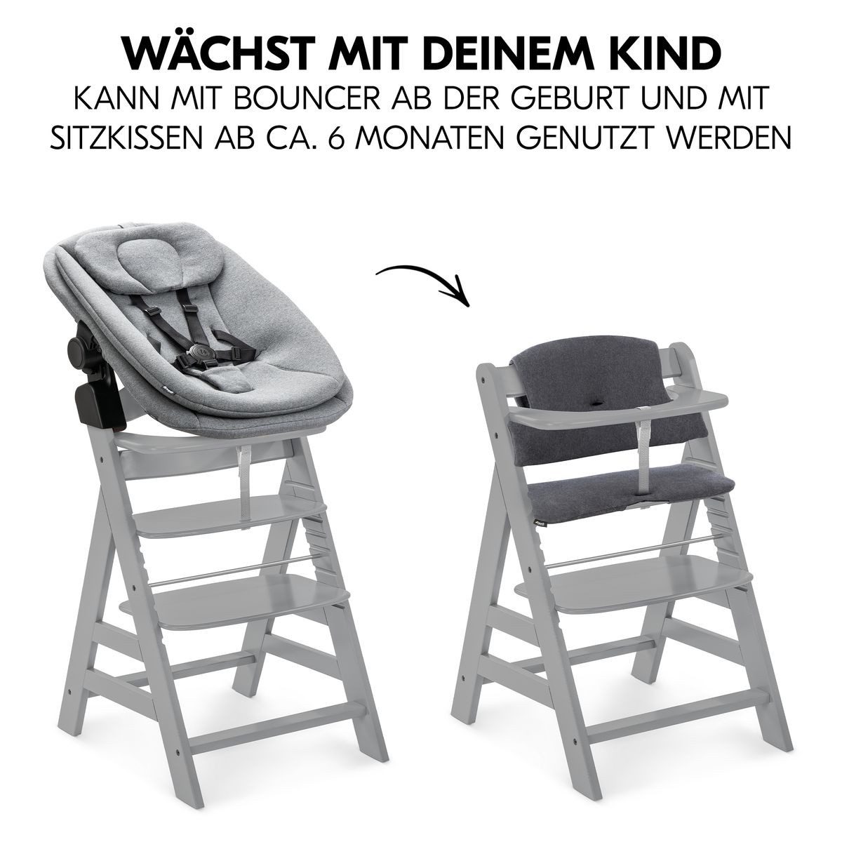 Hauck Hochstuhl Alpha Plus Grey Newborn Set (Set), Holz Babystuhl ab Geburt inkl. Aufsatz für Neugeborene & Sitzauflage