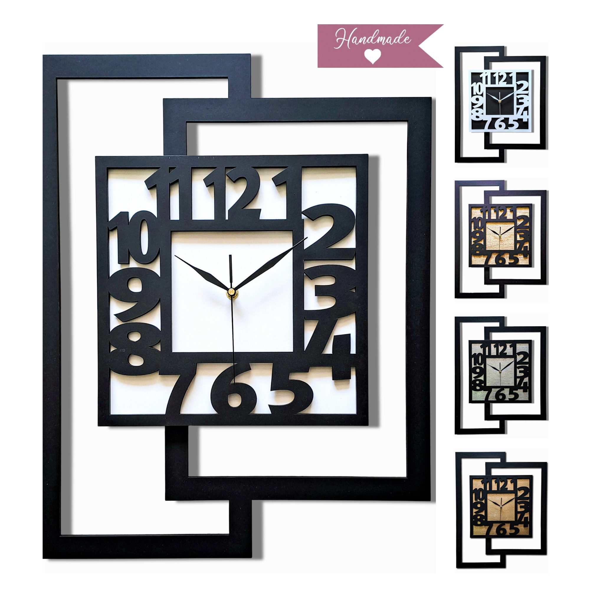 ORNAMENTI Wanduhr Große handgefertigte,moderne aus Holz, Hingucker,44 x 56 cm (Rechteckig vertikal, ohne Tickgeräusche für Wohnzimmer lesbare Ziffern) – Bild 5 von 5