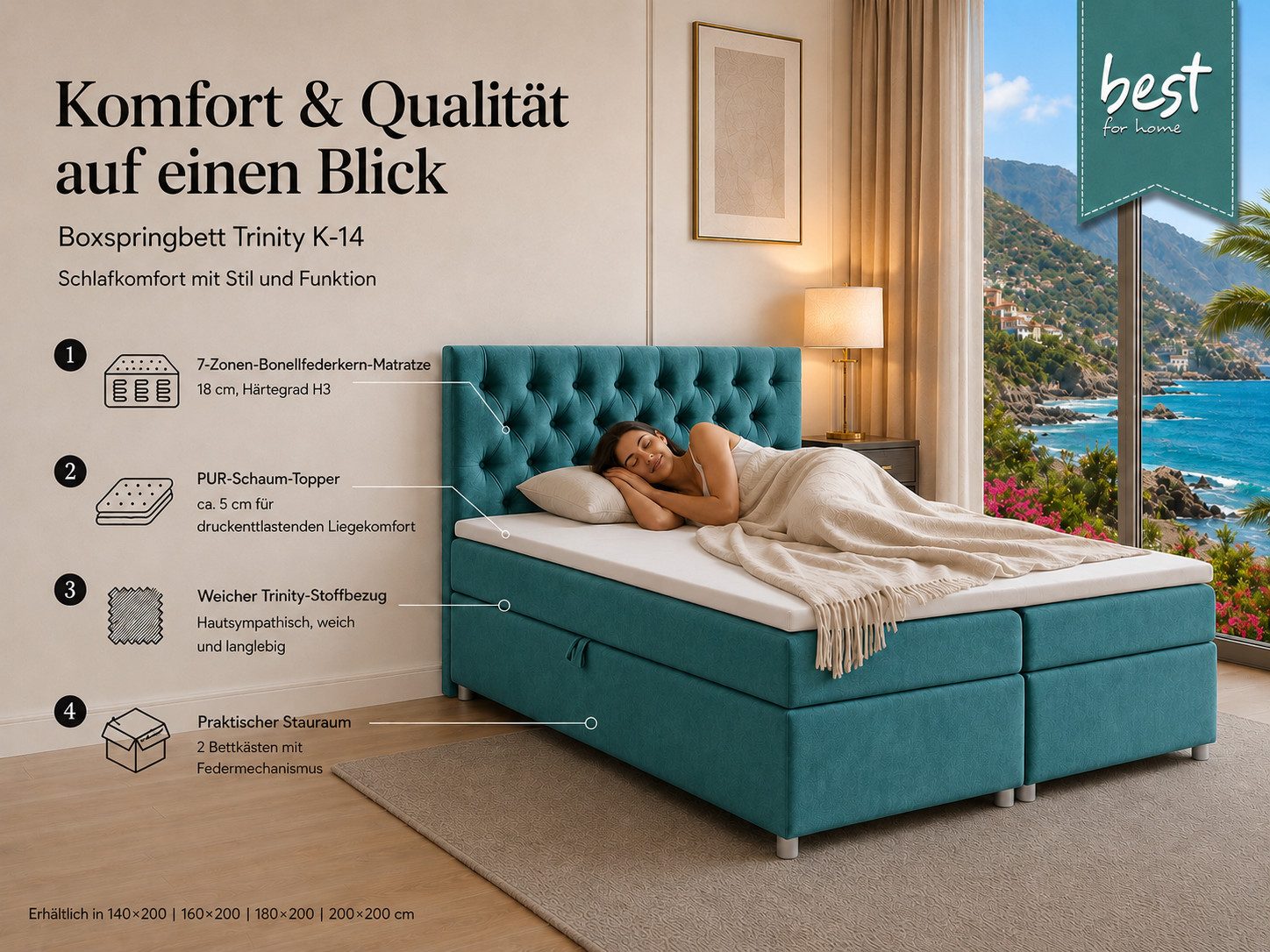 Best for Home Boxspringbett Boxspringbett Trinity K-14 7-Zonen Bonell 140–200 cm mit Stauraum (Boxspringbett-Set, 1-St., Bonell-Matratze, gepolstertes Kopfteil, Polsterbett versch. Größen), mit oder ohne Topper, Handwerksqualität