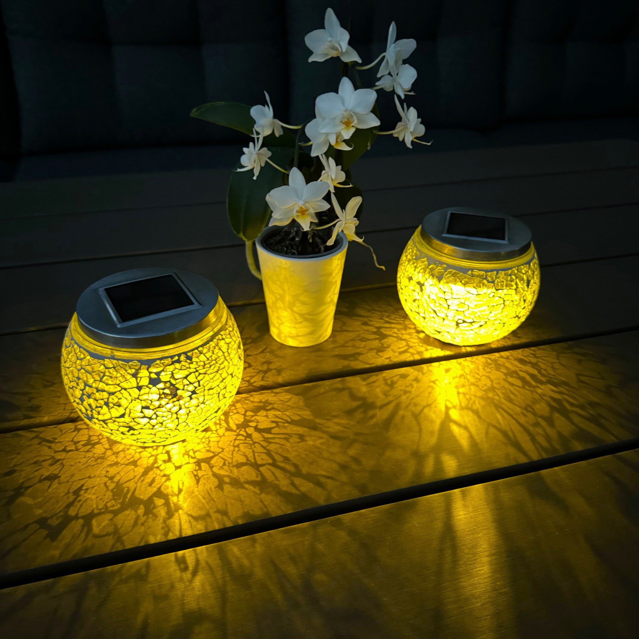 Online-Fuchs LED Solarleuchte 2 LED Tischlampen aus Mosaik Glas mit Lichterkette - Solarleuchten, Deko für Garten, Balkon, Terrasse, warmweiß, Tischleuchten, 11 cm groß