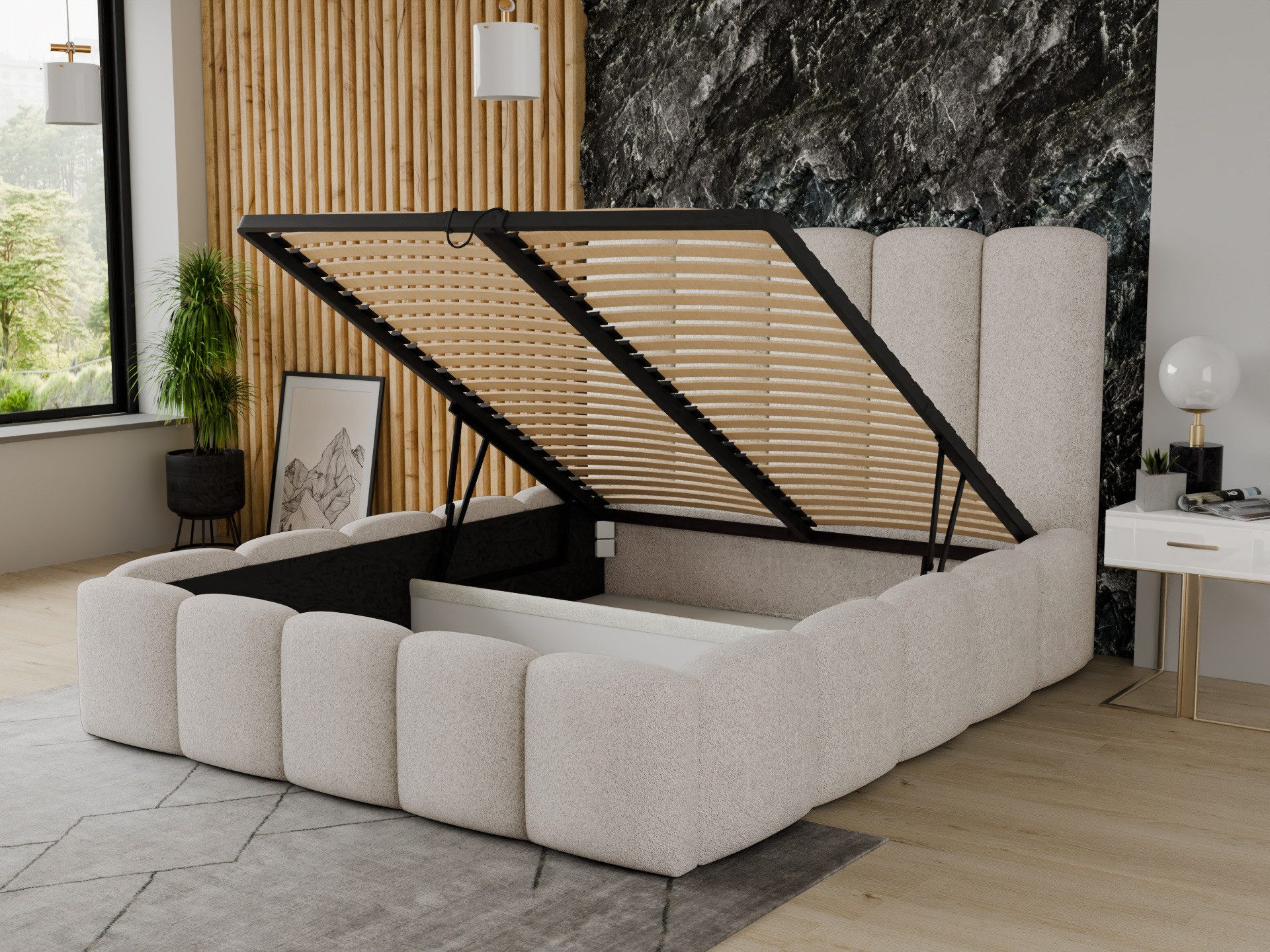 Sofnet Polsterbett Aura (mit Bettkasten und Lattenrost), Doppelbett, Bett mit Gasdruckfeder, Bouclé-Material