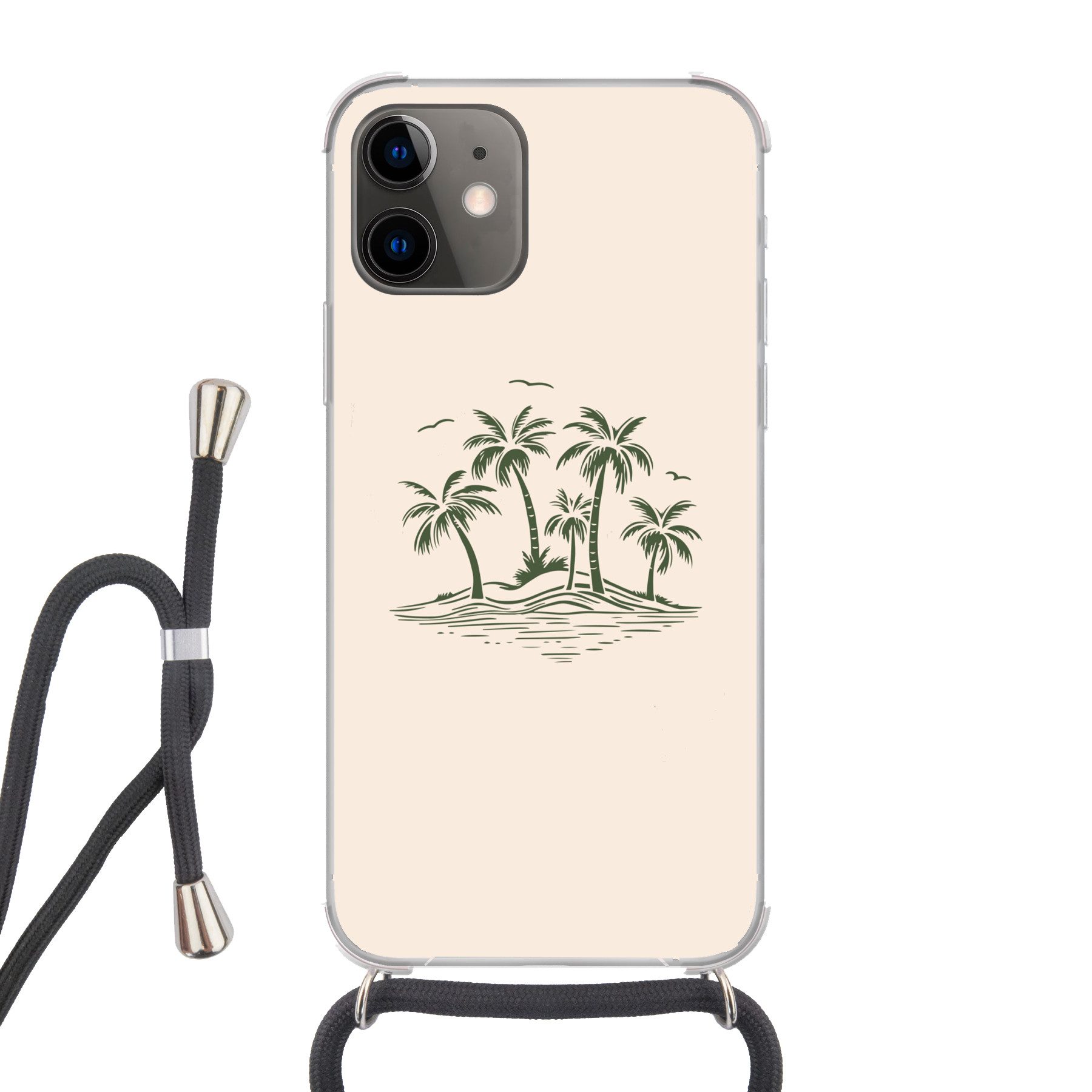 MuchoWow Handyhülle für Apple iPhone 12 Palmen - Strand - Beige - Grün - Tropisch, Tragbare Handyhüllen mit Kette zum umhängen, Handykette Handyband