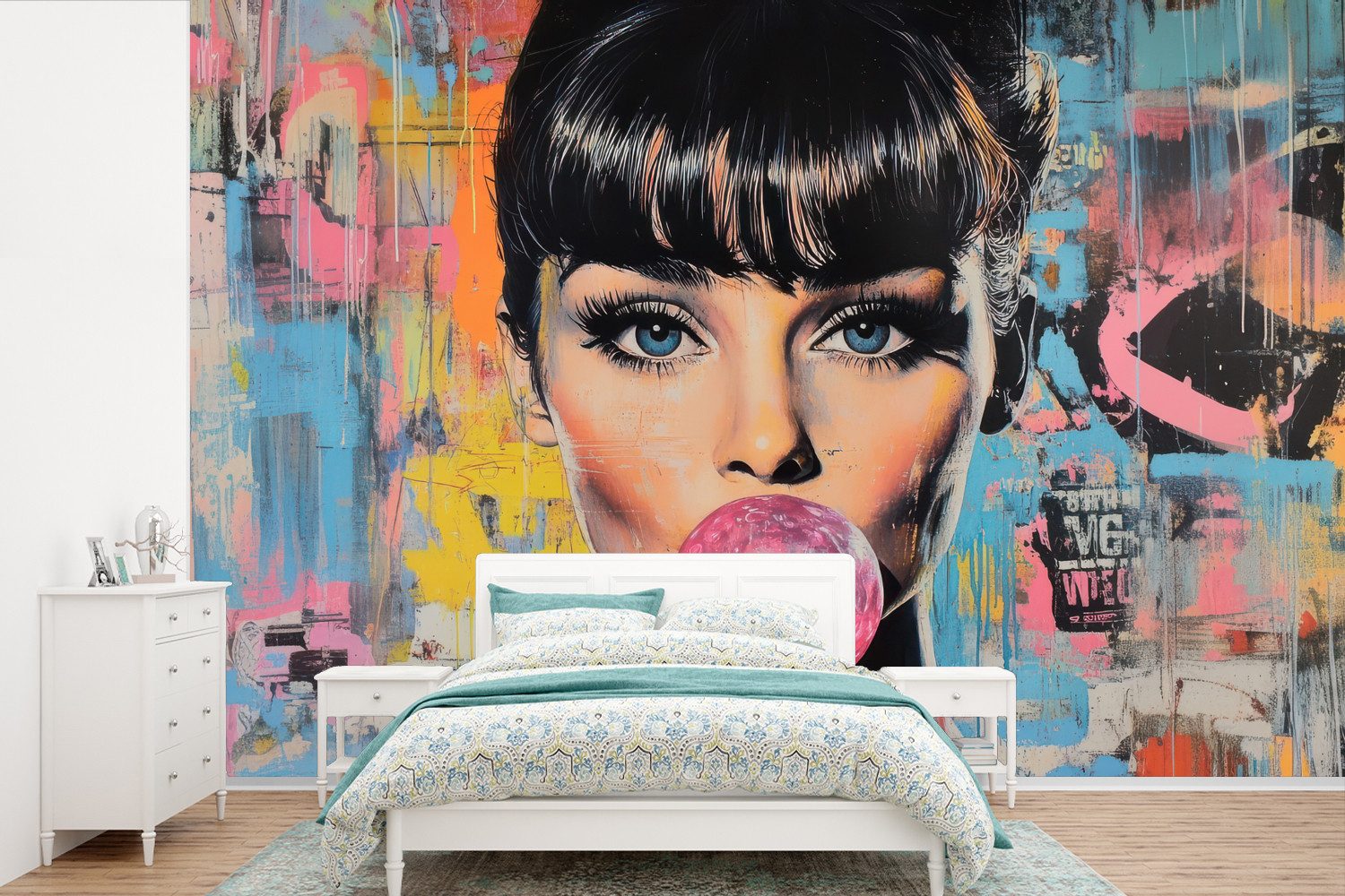 MuchoWow Fototapete Kaugummi - Frau - Pinselstriche - Modern, Matt, bedruckt, Vinyl Tapete für Wohnzimmer oder Schlafzimmer, Wandtapete, 525x350 cm