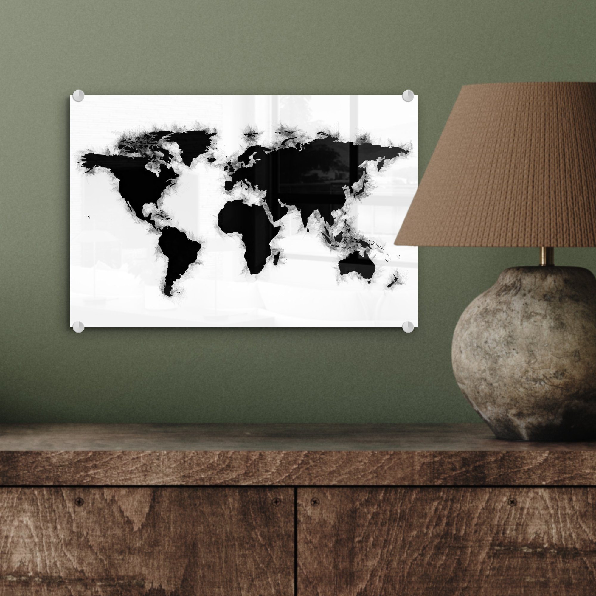 MuchoWow Acrylglasbild Weltkarte - - auf Glasbilder - Glas Bilder auf (1 St), Weiß - Einfach, Schwarz Foto Wandbild - Wanddekoration - Glas