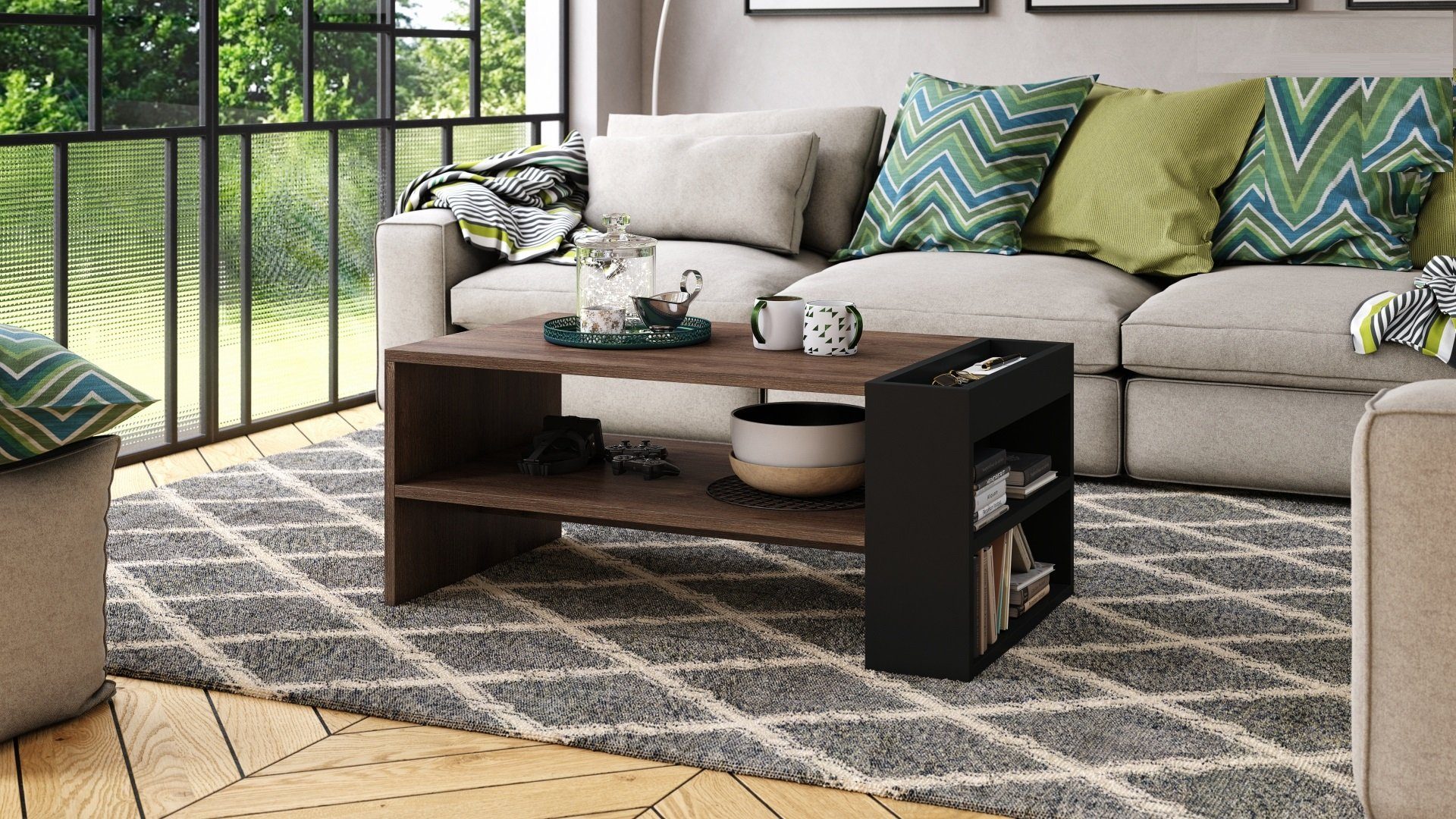 designimpex Couchtisch Design Couchtisch Nefri Tisch Wohnzimmertisch mit Ablagefläche Eiche dunkel - Schwarz matt