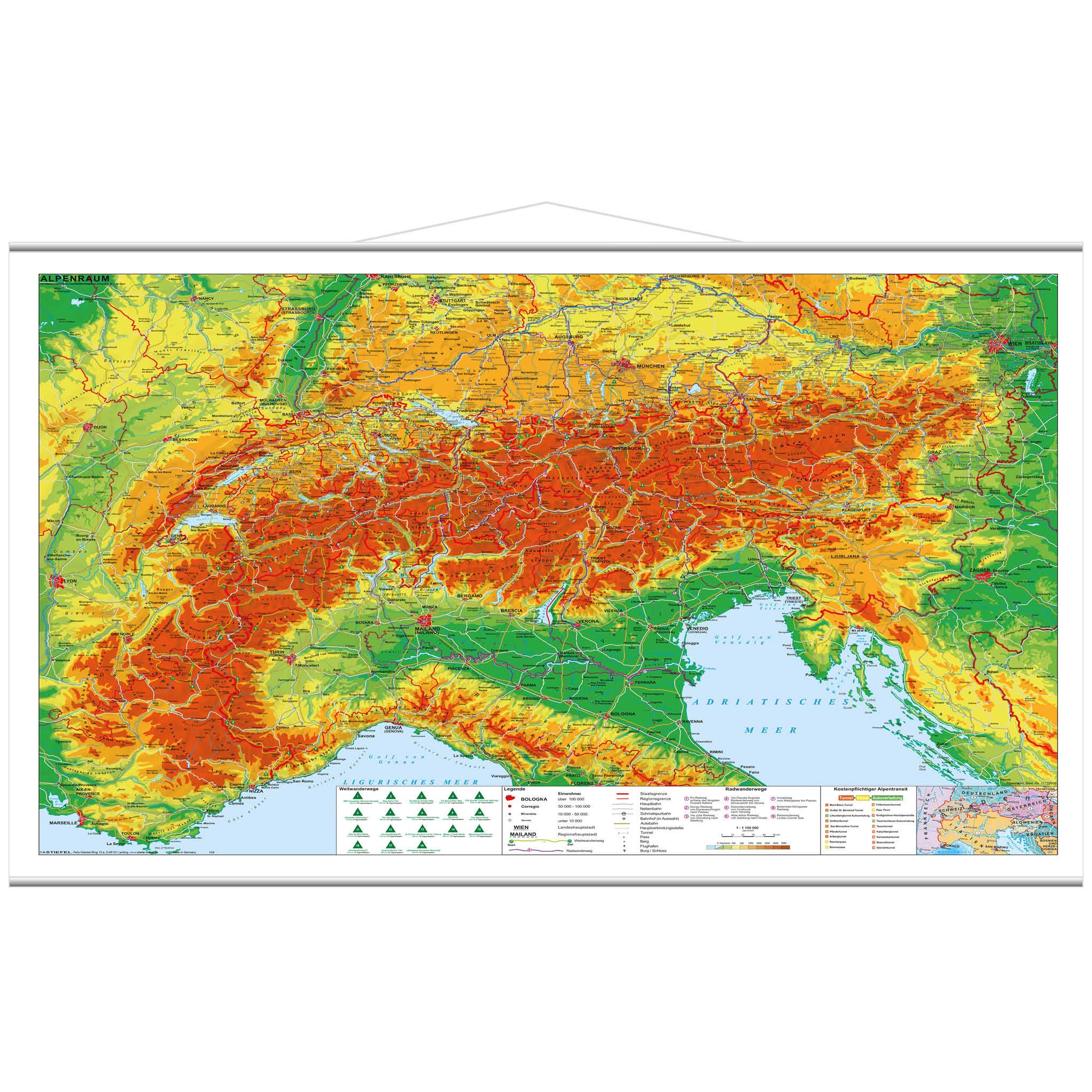 STIEFEL Poster Der Alpenraum mit Weitwander- und Radfernwegen, physisch 98 x 68 cm