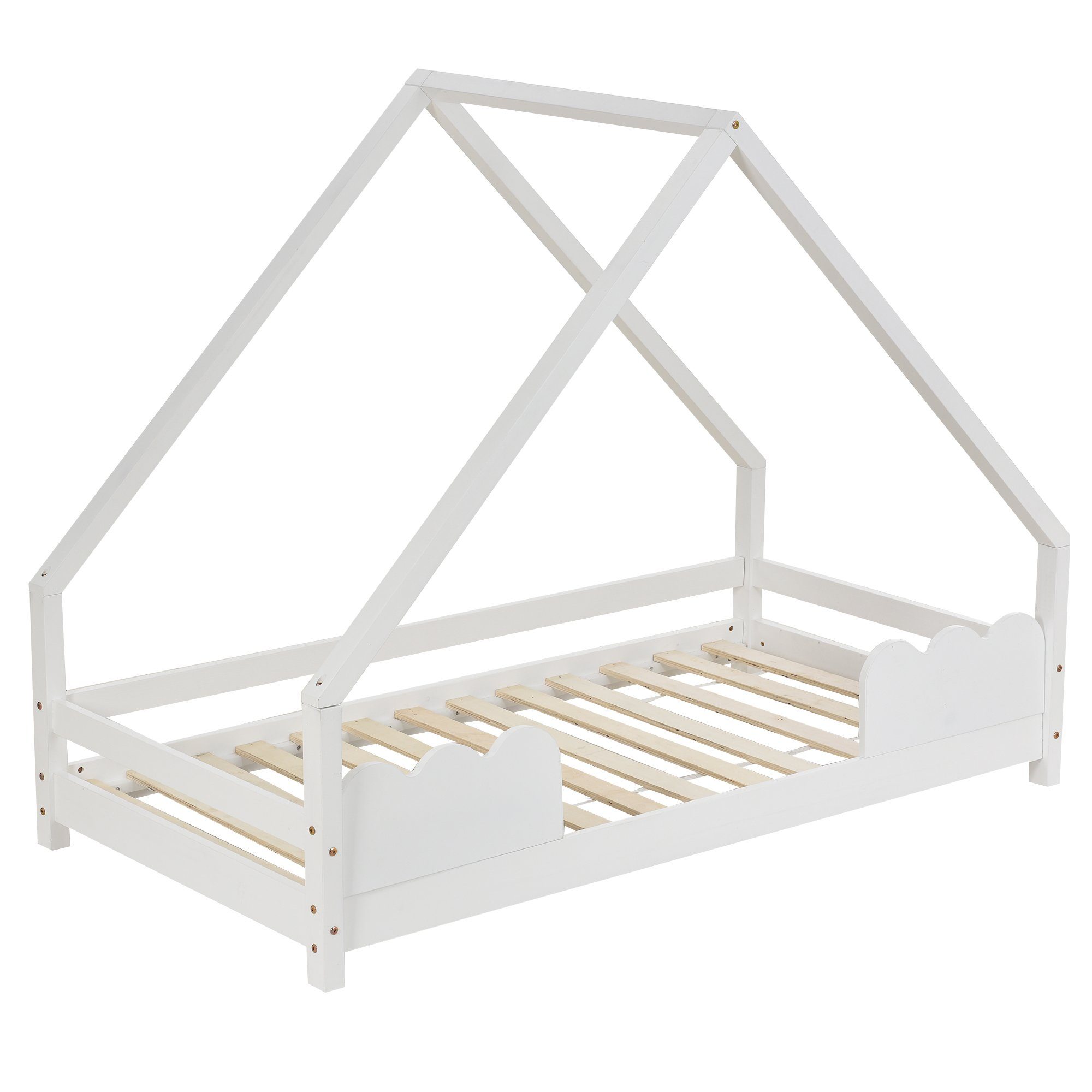 Einzelbett (1-tlg., Massivholzbett Kinderbett), Hausbett 80x160cm mit Rausfallschutz & Lattenrost, Hausoptik mit Dach