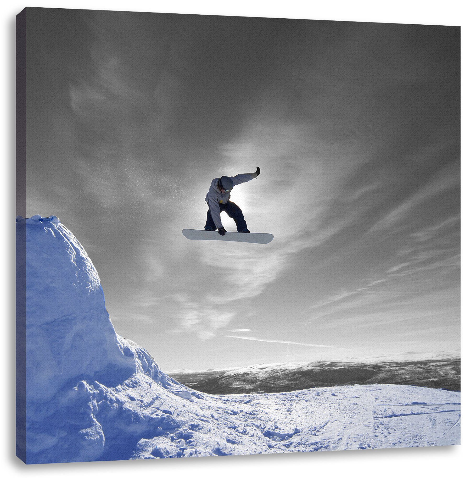 Snowboard Sprung St), Pixxprint bespannt, fertig (1 Extremsport, Extremsport Leinwandbild inkl. Sprung Zackenaufhänger Leinwandbild Snowboard