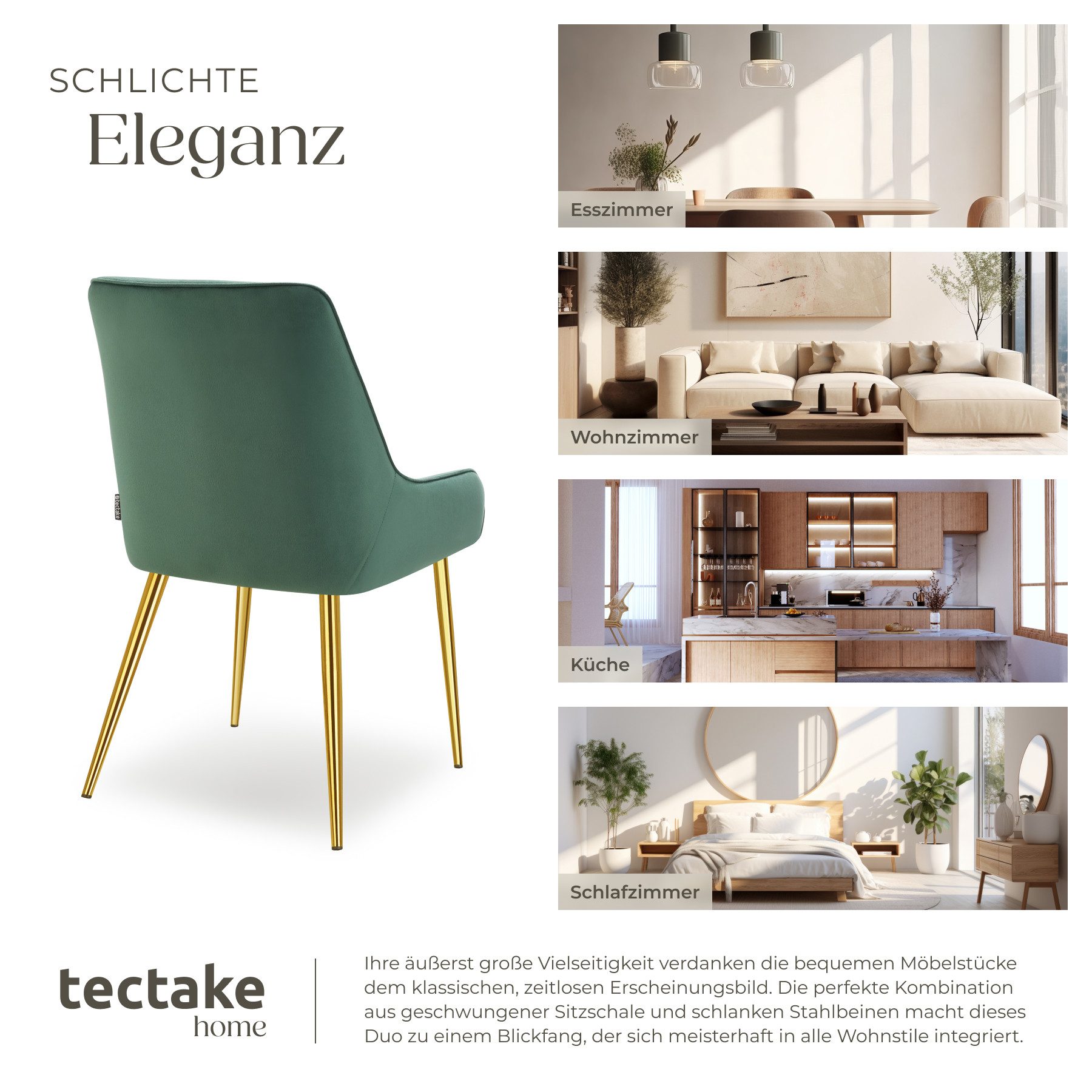 tectake Esszimmerstuhl Polsterstuhl Avane, Samtoptik, Belastbarkeit 120 kg (Set, 2 St), Ergonomische Formgebung der Rückenlehne