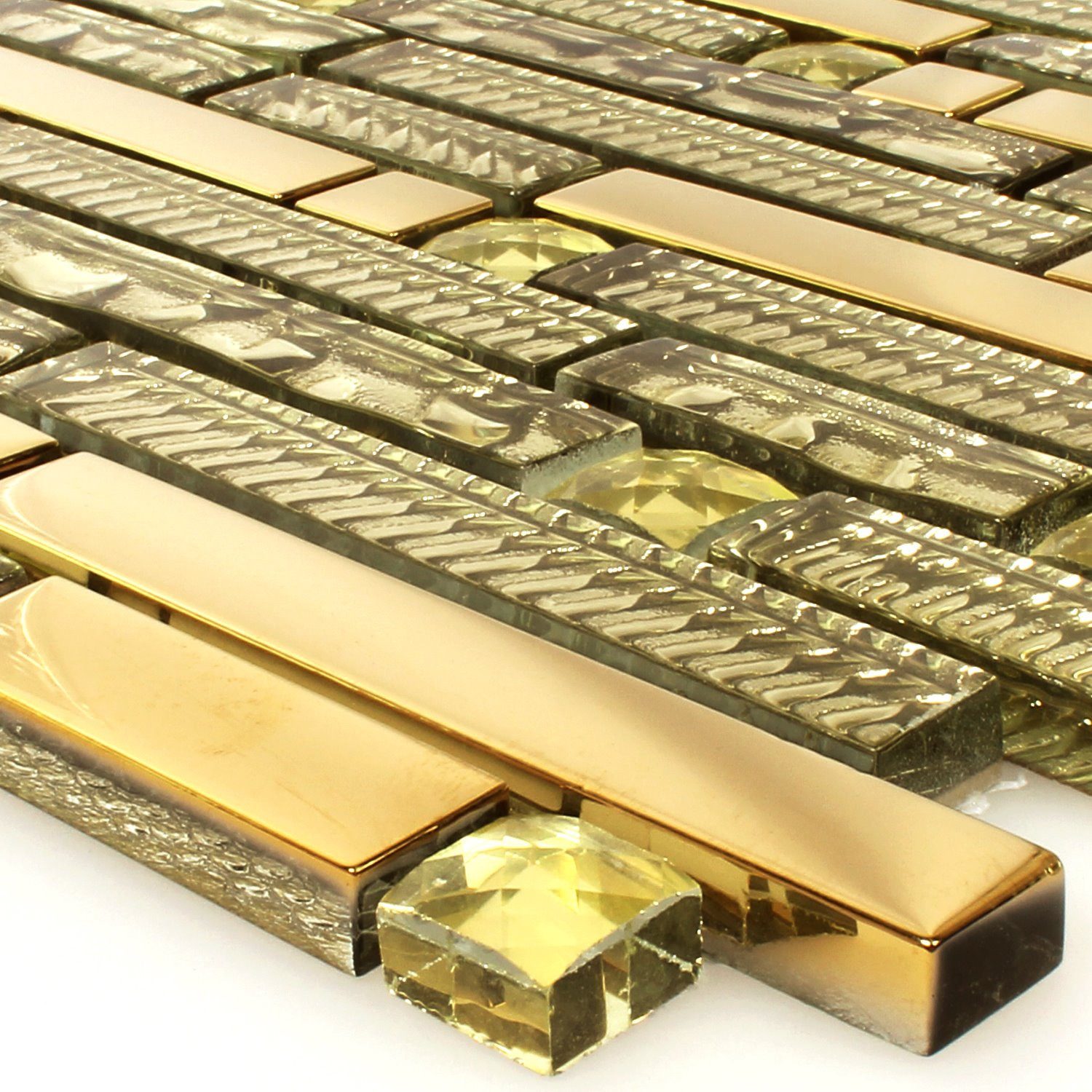 Mosafil Mosaikfliesen Glasmosaik Fliesen Strukturmix Gold 15x62x8mm, Glas 33.800x29.800, gold, Verlegefertig auf ein Netz geklebt