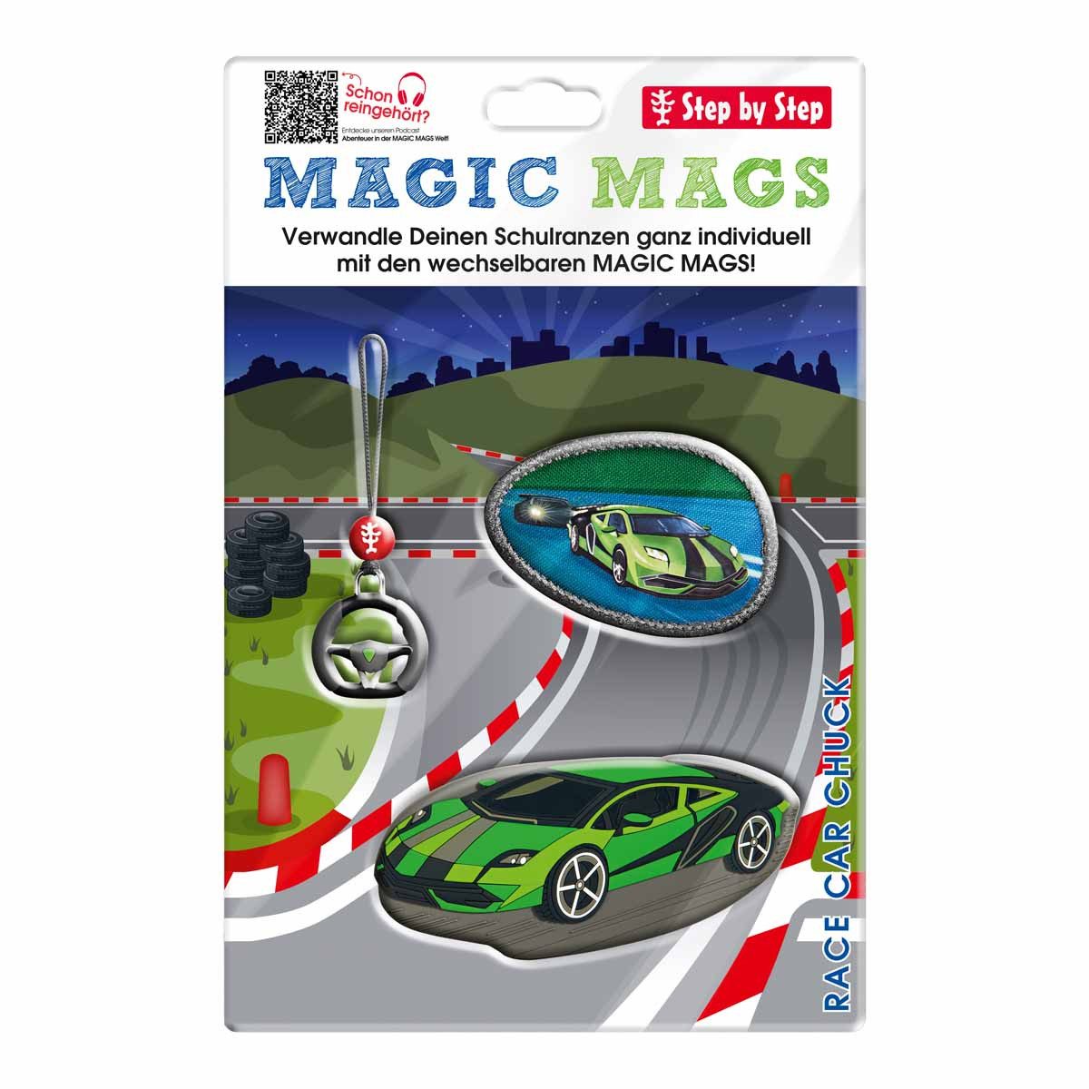 Step by Step Schulranzen MAGIC MAGS Race Car Chuck 3-teilig (3-teilig), Motivanhänger, Glücksbringer