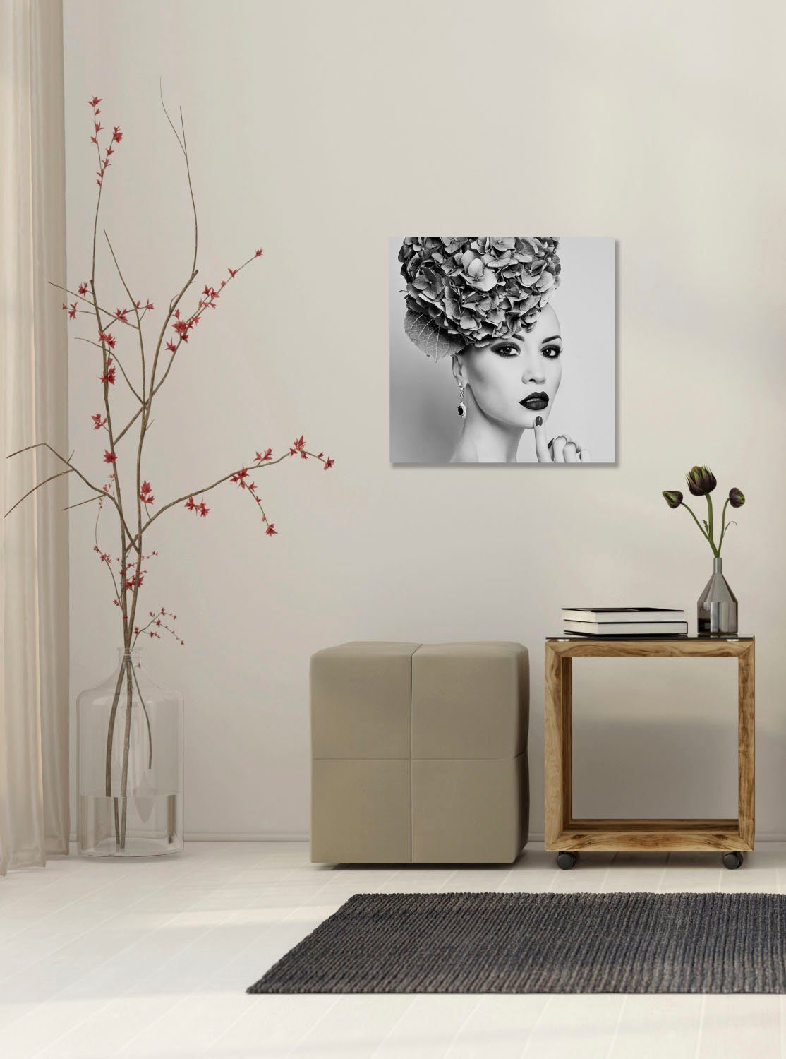 queence Acrylglasbild Frau mit Blumenhut, Bilder von Frauen, Frau, Kunst, Schwarz-Weiß, Fine Art-Print in Galeriequalität