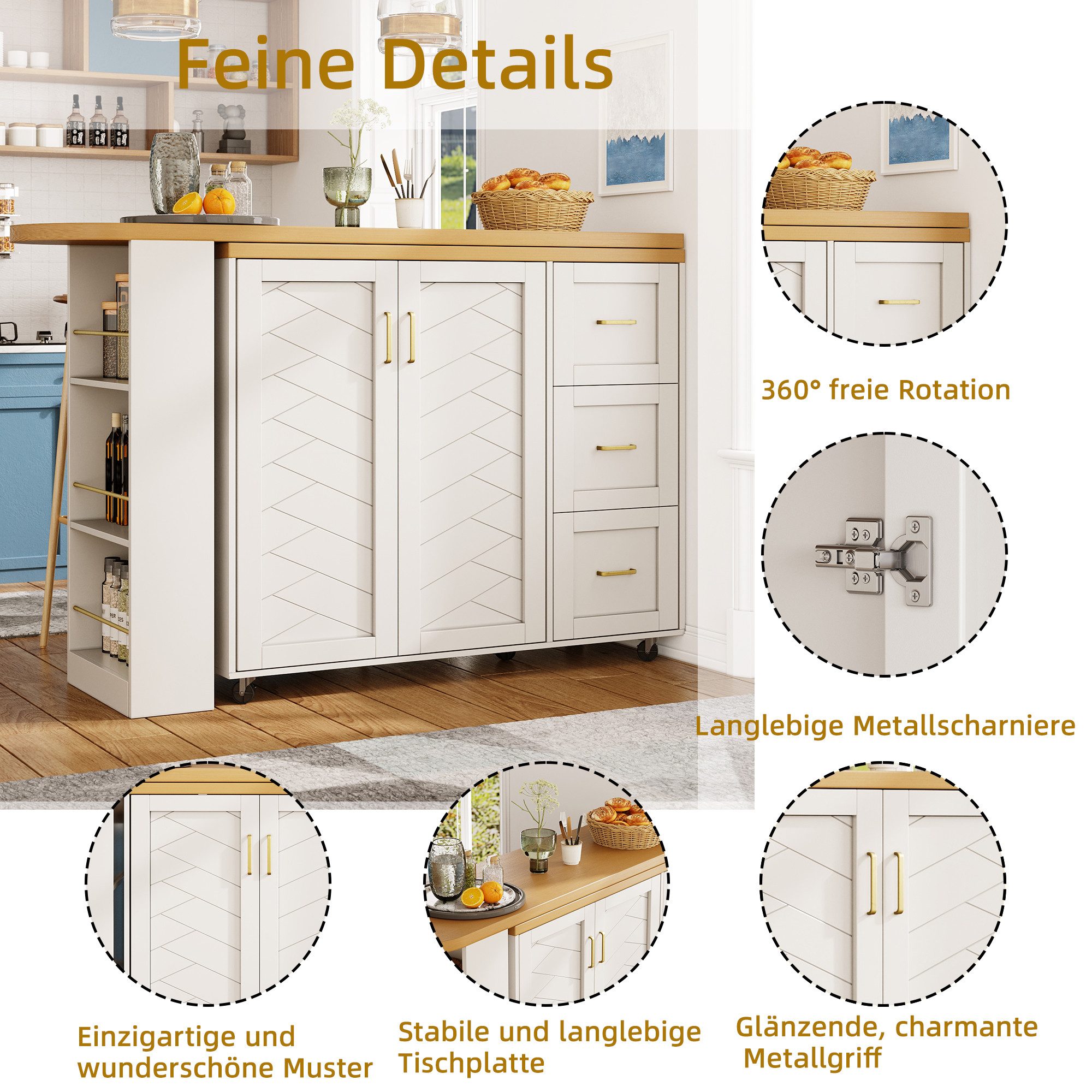 i@home Bartisch Ausziehbarer Sieborad mit Stauraum, rollbar, L-förmig (mit 2 Türen & 3 Schubladen 135–228 x 39 x 104 cm), Arbeitsplatte aus Holzoptik, ideal für Küche, Wohnzimmer und Balkon