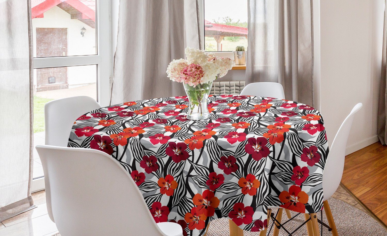 Abakuhaus Tischdecke Kreis Tischdecke Abdeckung für Esszimmer Küche Dekoration, Blumen Blumen mit gestreiften Blättern