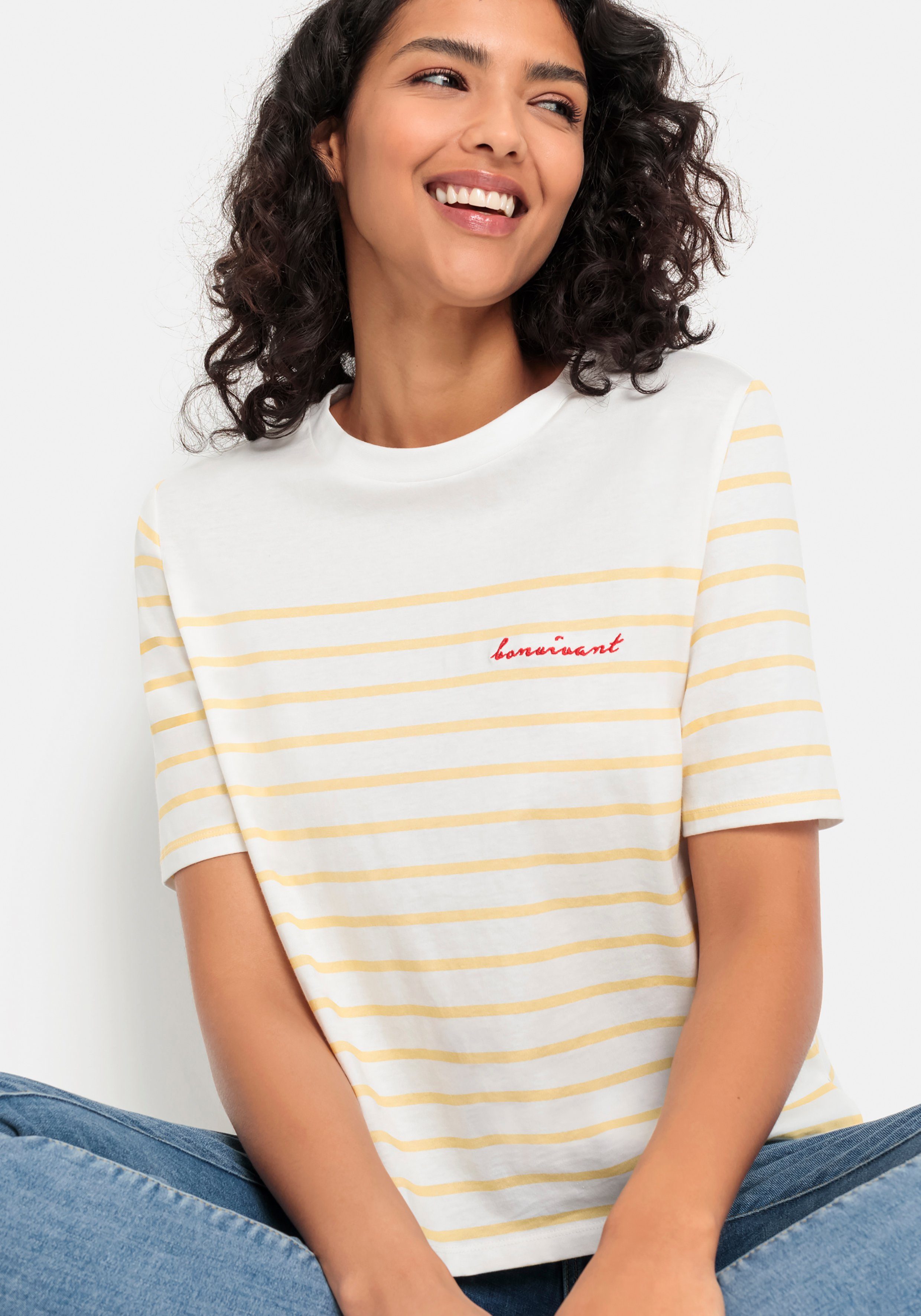 LASCANA T-Shirt mit Streifen weiß-gelb gestreift