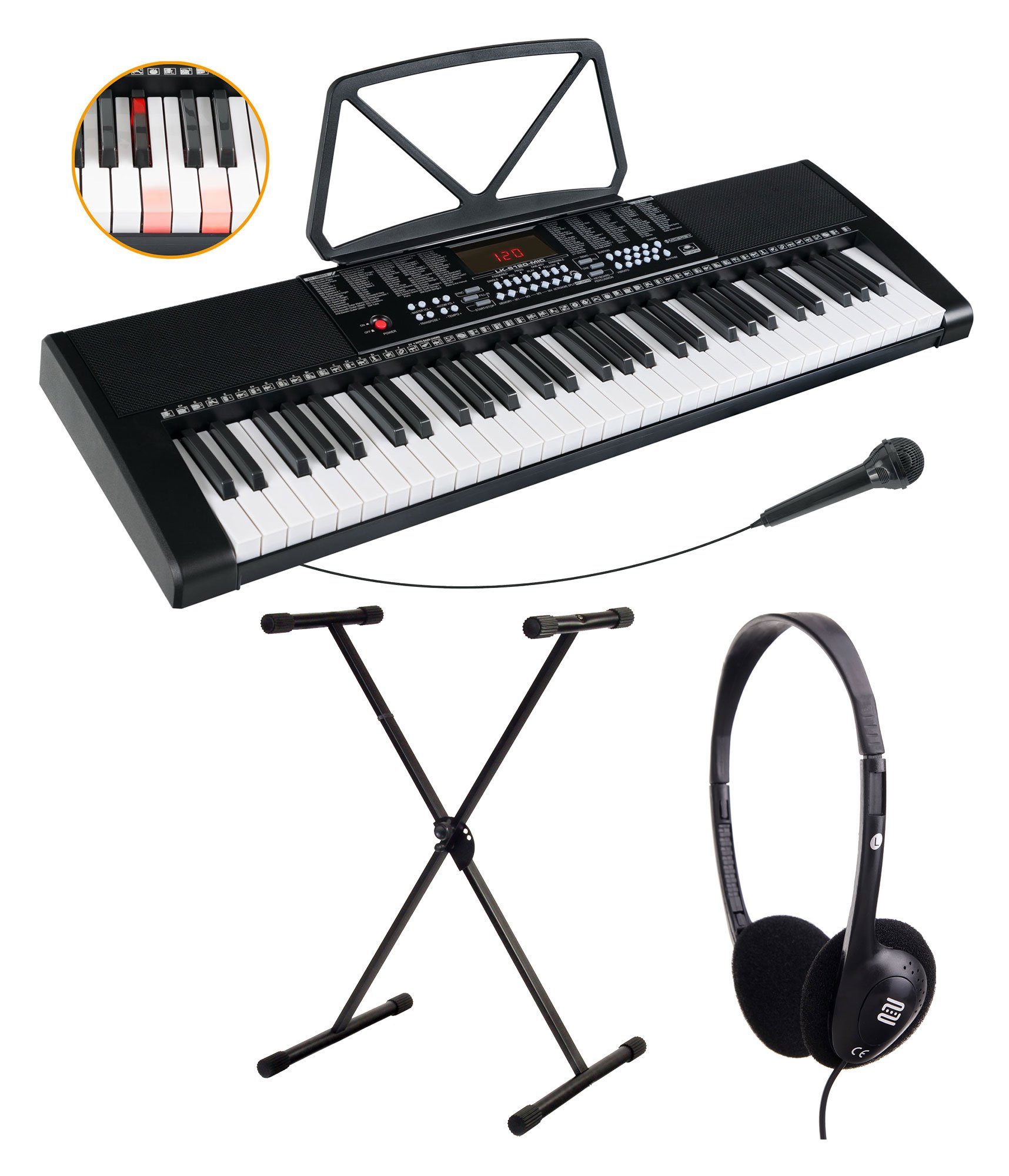 McGrey Home-Keyboard LK-6120-MIC - Einsteiger-Keyboard mit 61 Leuchttasten (Spar-Set, 3-St., Inkl. Mikrofon, Ständer und Notenhalter), 255 Sounds und Rhythmen - 50 Demo Songs mit Lernfunktionen