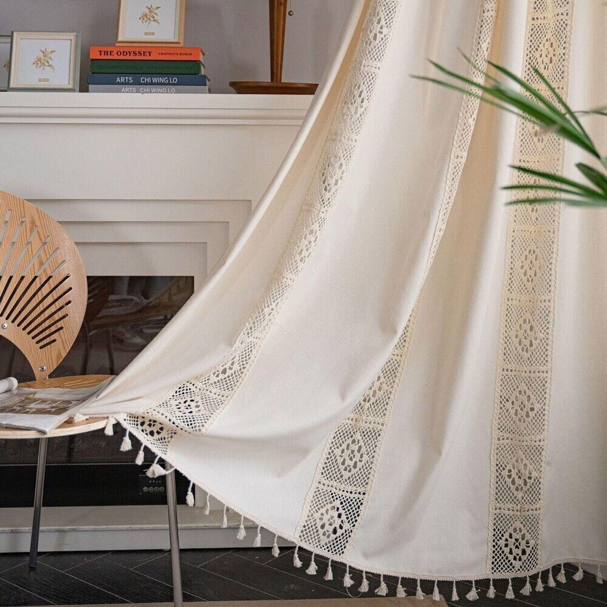 FELIXLEO Duschvorhangklammer Boho Vorhaenge Baumwolle Leinen Gardinen Blickdicht Beige 150x220cm