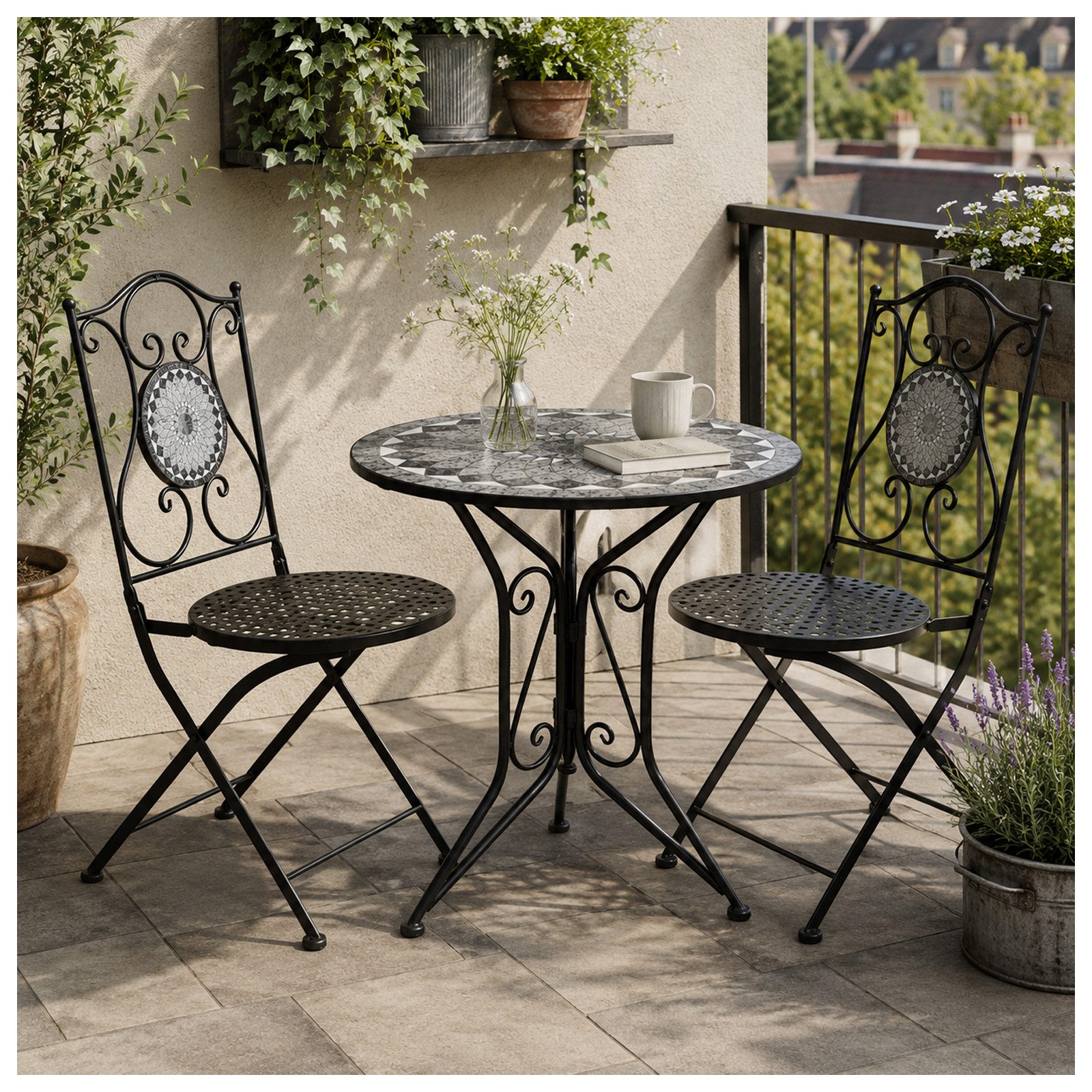 HTI-Living Garten-Essgruppe Sitzgruppe Metall Bistro Set Motiv Schiefer für Balkon und Terrasse, (Set, 3-tlg., 1 Tisch 2 Stühle), Sitzgruppe Essgruppe Balkonset