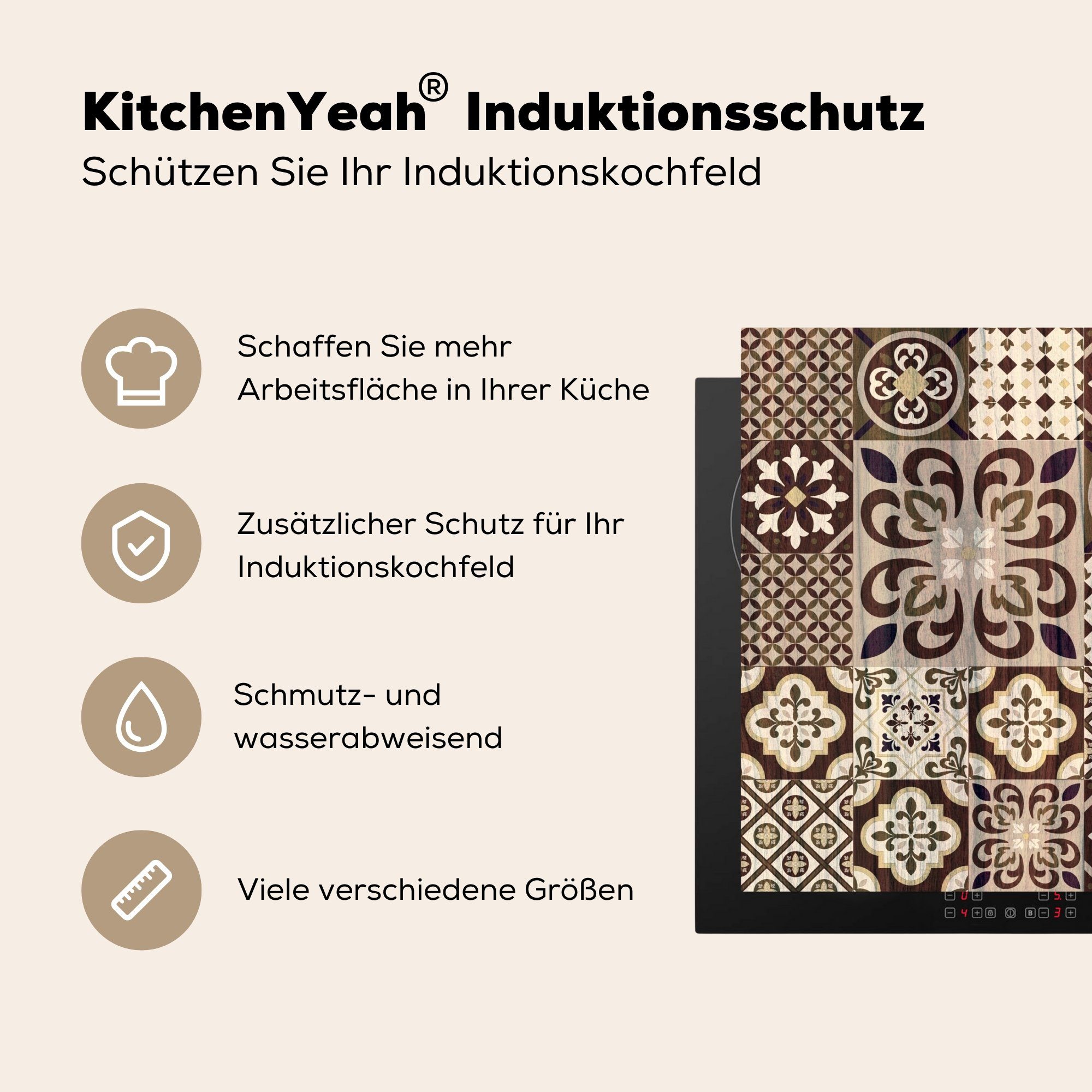 Retro - Abstrakt, - 71x52 Vinyl, Ceranfeldabdeckung Herdblende-/Abdeckplatte küche, MuchoWow Schutz tlg), Braun cm, (1 - Muster für die Induktionskochfeld