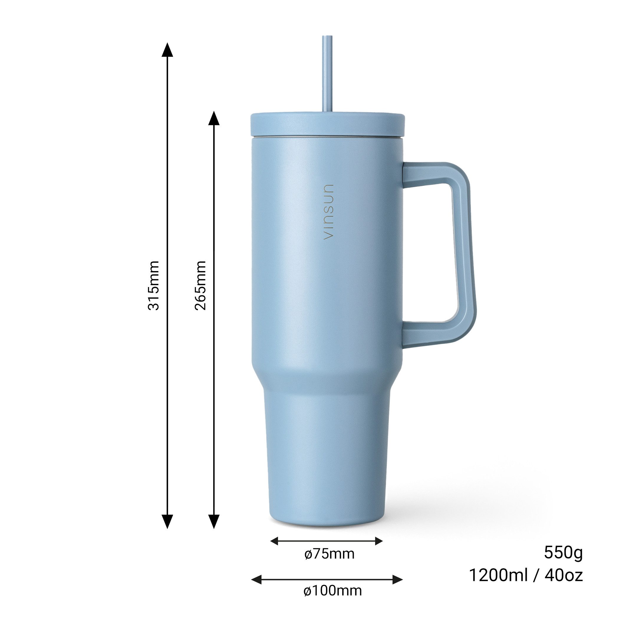 Vinsun Thermobecher Edelstahl Tumbler 1200ml 40oz - Isolierbecher mit Strohhalm und Henkel, 5-tlg., Edelstahl, Doppelwandig isoliert, BPA frei, bruchfest, Kalt- und Heißgetränke