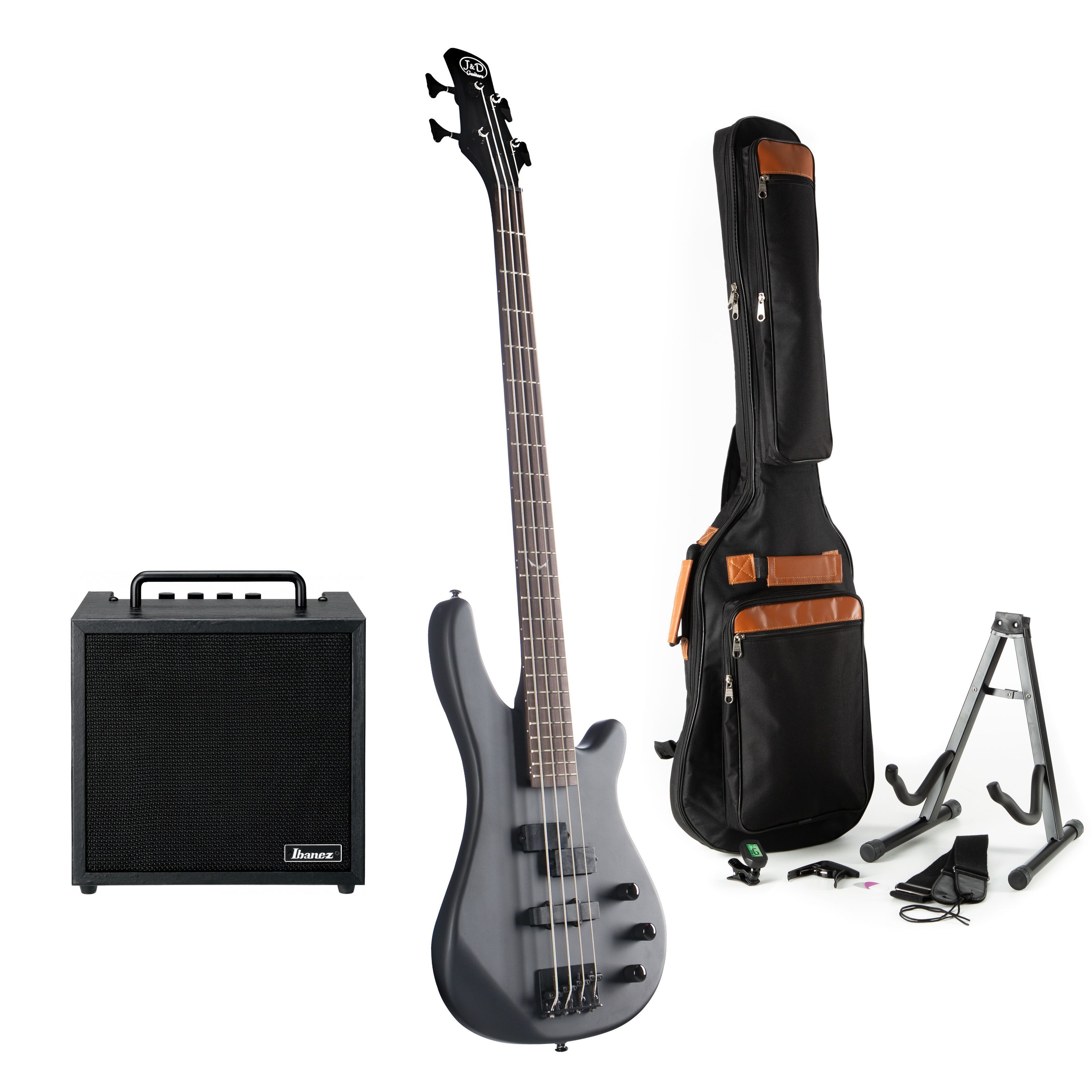 J & D E-Bass, 150 Special Bat Mark E-Bass Set Erle Korpus Ahorn Hals Composite Griffbrett Split Coil Tonabnehmer Schwarz Matt Finish Inklusive Bass Combo Verstärker und Zubehör, E-Bässe, Bass-Sets, 150 Special Bat Mark E-Bass, Split Coil Tonabnehmer, Bass Combo