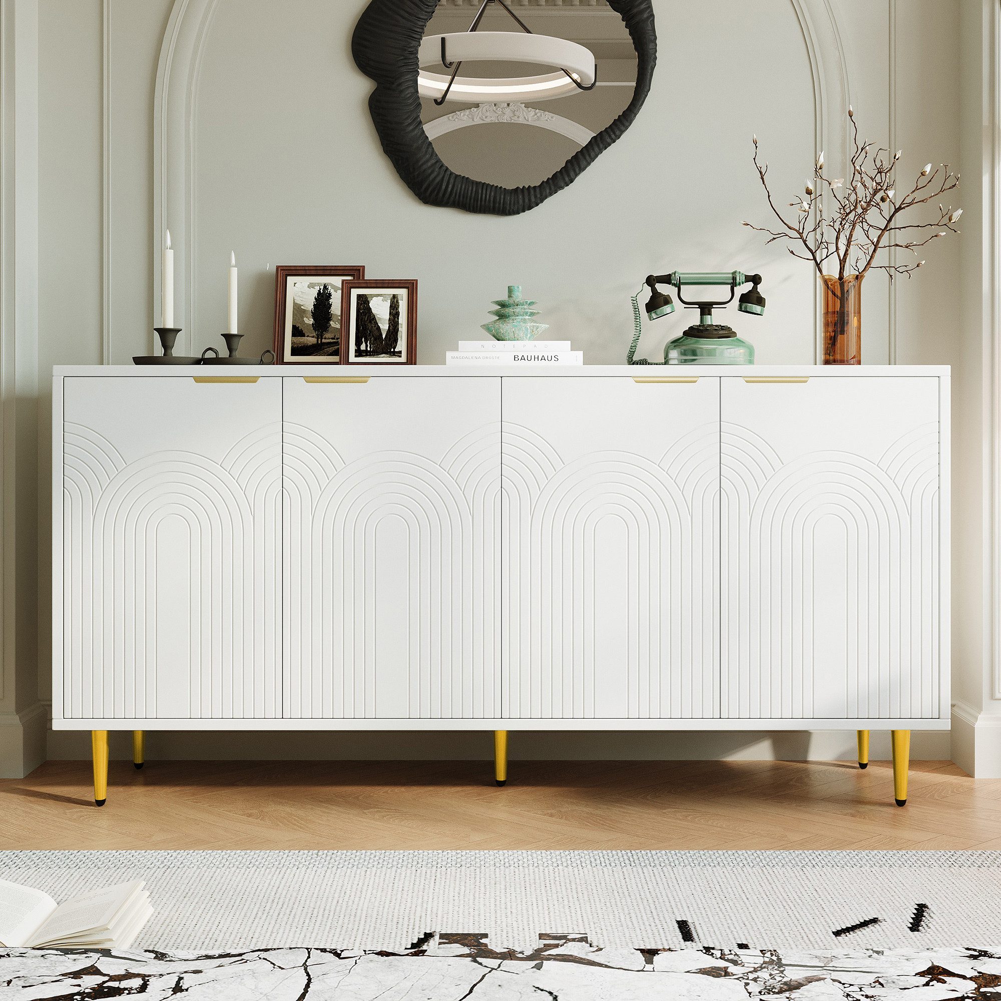 Odikalo Sideboard Anrichte Kommode Schrank 4 Türen Goldene Griffe Hochglanz Weiß/Schwarz