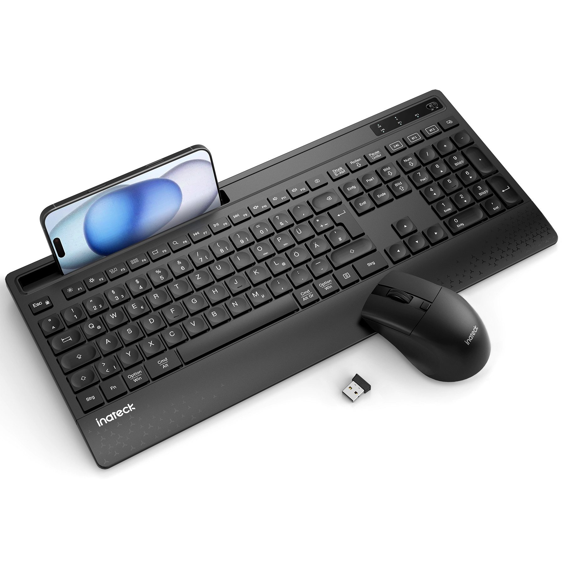 Tastatur in voller Größe mit Handballenauflage, Telefonhalter Wireless-Tastatur