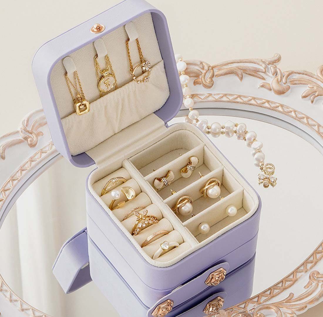 Schmucketui LENBEST dreischichtige Halsketten- mit Fassungsvermögen Ohrring-, und Ringschmuckbox Schmuckaufbewahrungsbox, großem Rosa Schmuckkasten Tragbare