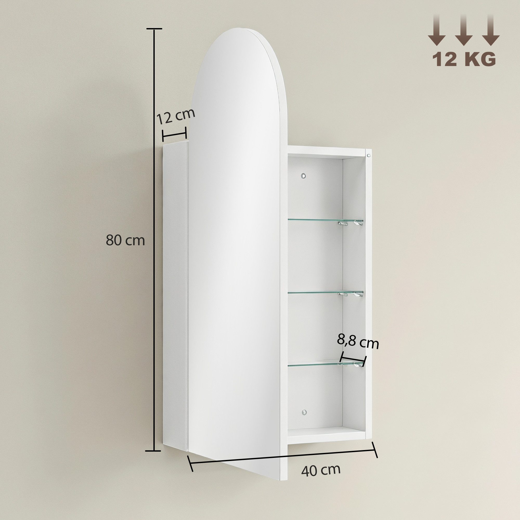 HOMCOM Spiegelschrank Hängender Badschrank mit Regalen (Set, 1-St., Spiegelschrank) Rahmenloser Bogenspiegel, Soft-Close, Glasböden – Bild 3 von 5