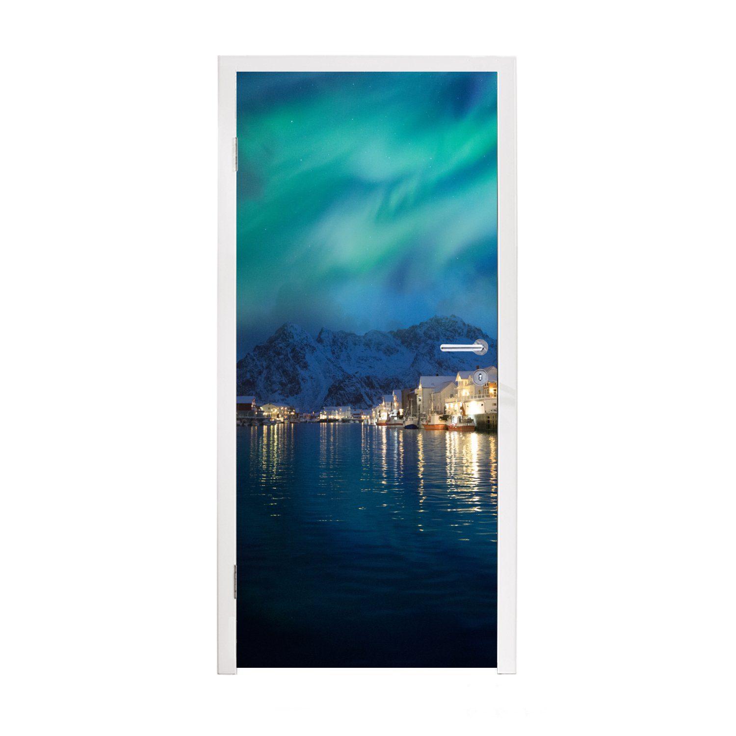 Norwegen (1 bedruckt, Fototapete 75x205 Türaufkleber, Nordlichter Türtapete MuchoWow - cm - Matt, für Berg, St), Tür,