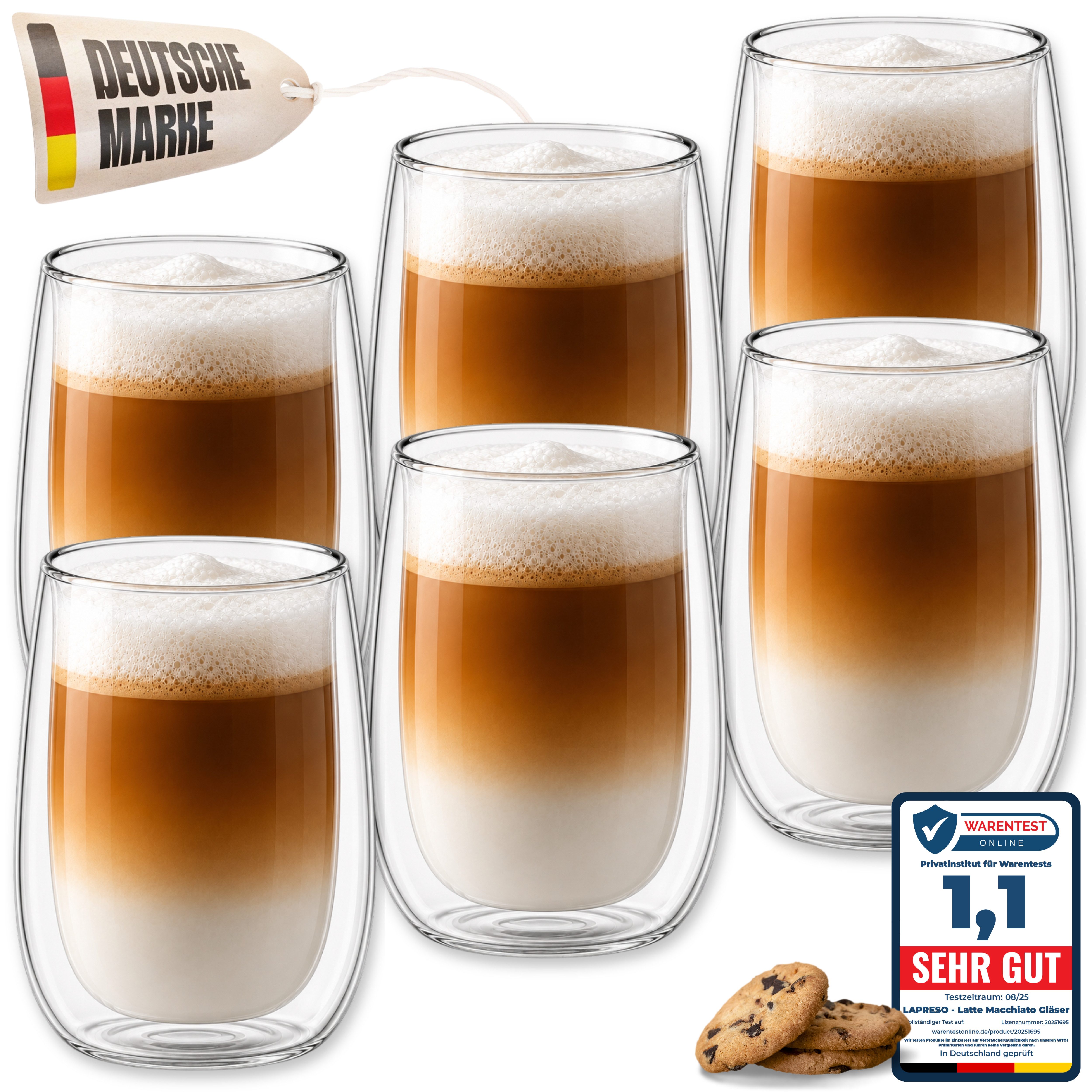 LAPRESO Cappuccinotasse Doppelwandig Thermogläser Kaffeegläser Set 250 ml, 6-tlg., Borosilikatglas, 6er Set