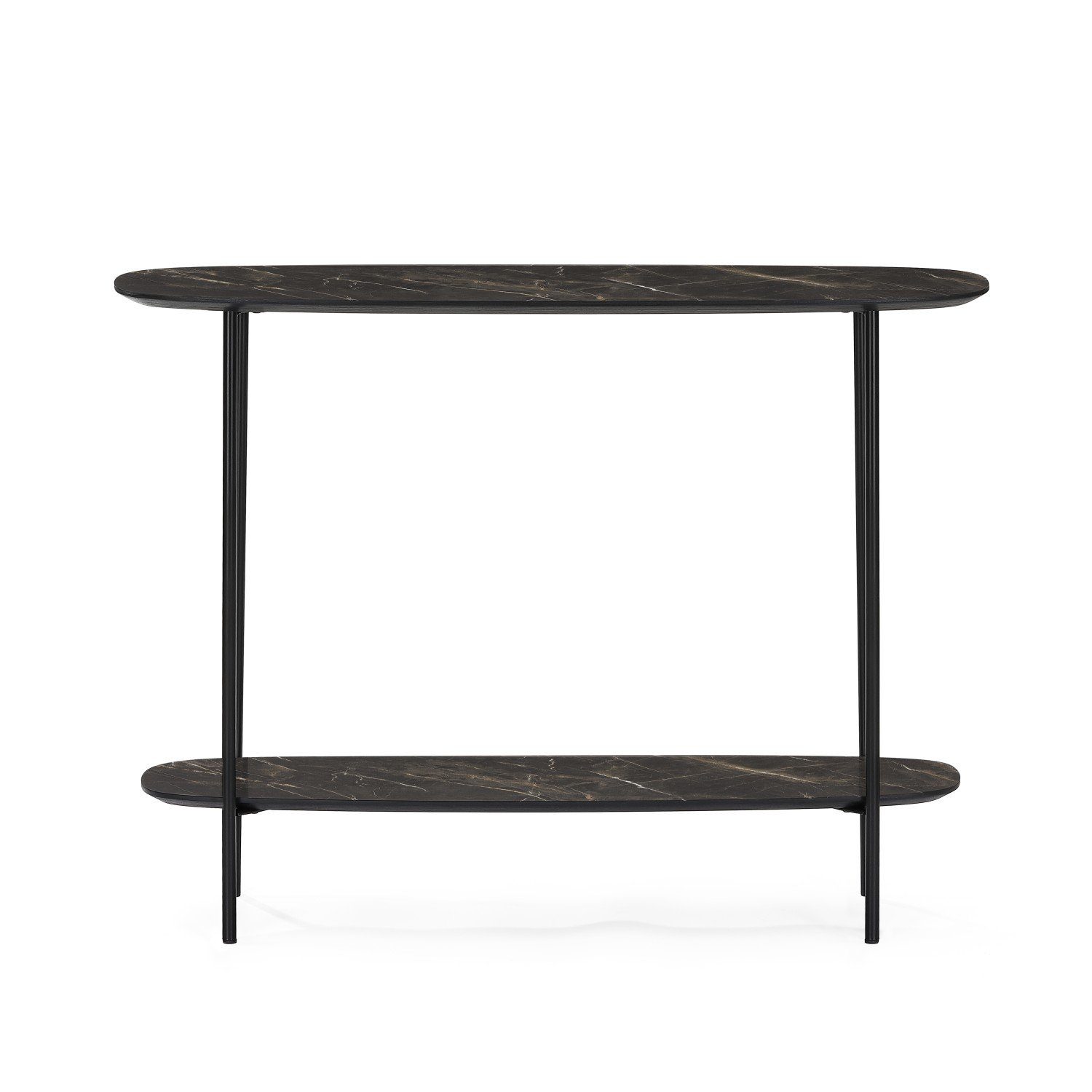 Wohnando Couchtisch Konsolentisch "Ares", dunkles Mamordekor, schwarz, 100 x 30 x 75 cm, Flurtisch, schwarz Metallbeine, Ablagetisch Flur, Wohnzimmer Sideboard