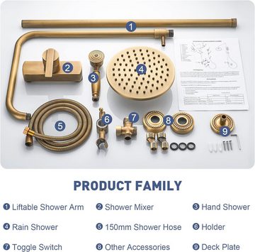AIMOYO Duschsystem Antik Messing Duscharmatur Set Retro Gold Dusche mit Regendusche, mit 8" Regendusche Handbrause Kopf - Höhenverstellbar 70~120cm