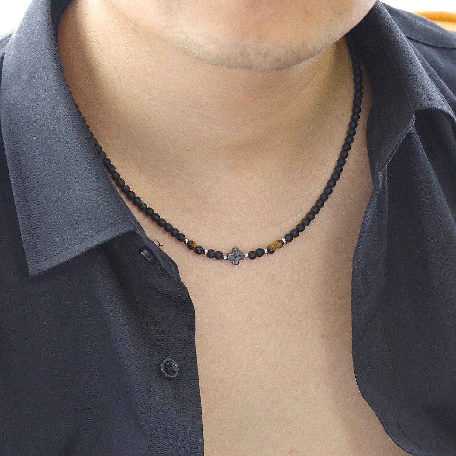 KARMA Perlenkette Schwarz Edelstahl 50 cm Perlen Tigerstein Herren (Halskette, 1-tlg., Herrenhalskette Geschenk für Ihn), Kette Herrenschmuck Männer