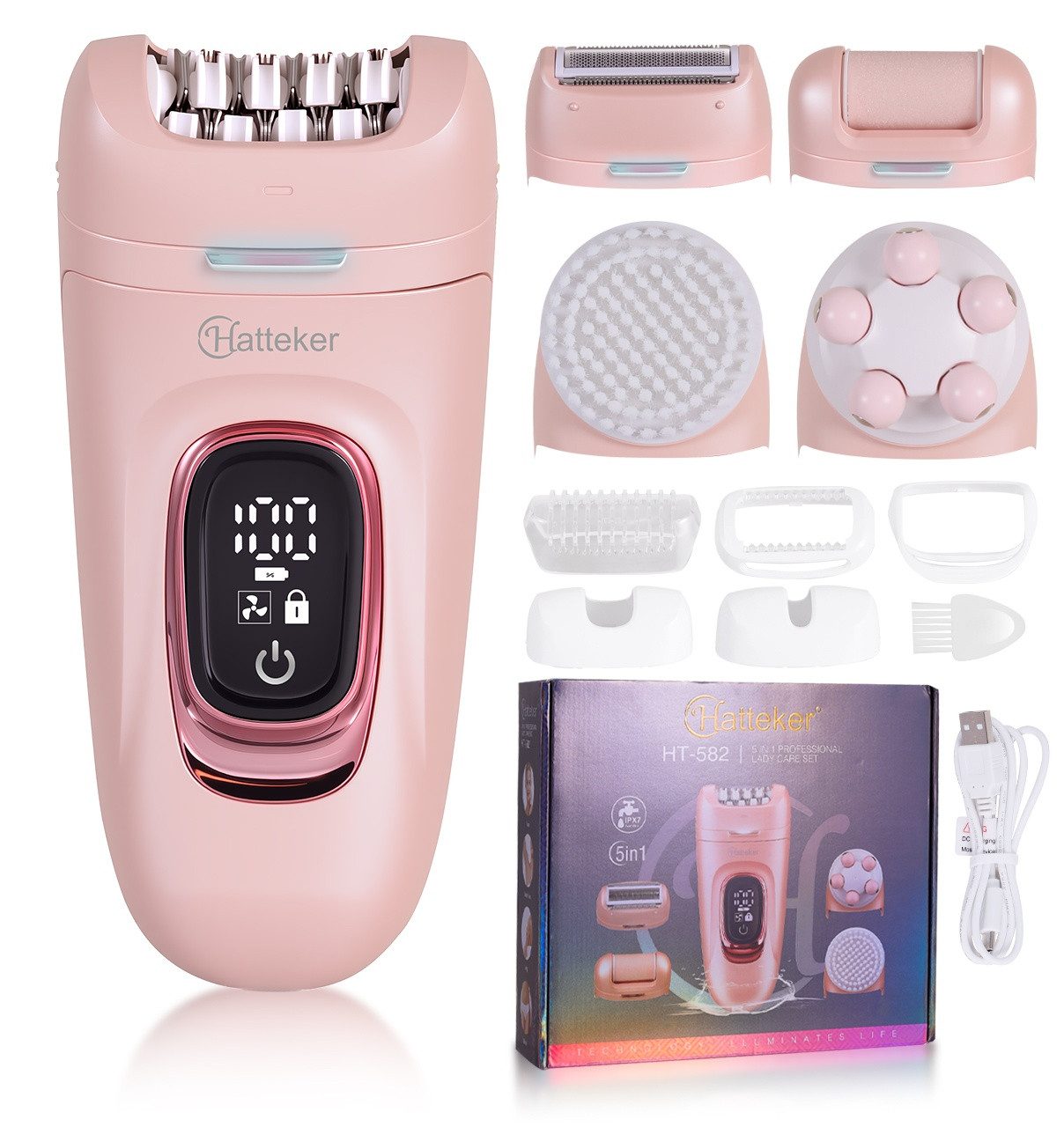 HATTEKER Epilierer HT-582, Aufsätze: 1 St., Gesichtsbürste, Damenrasierer, Hornhautentferner, mit 24-Pinzetten 5-in-1 Pink