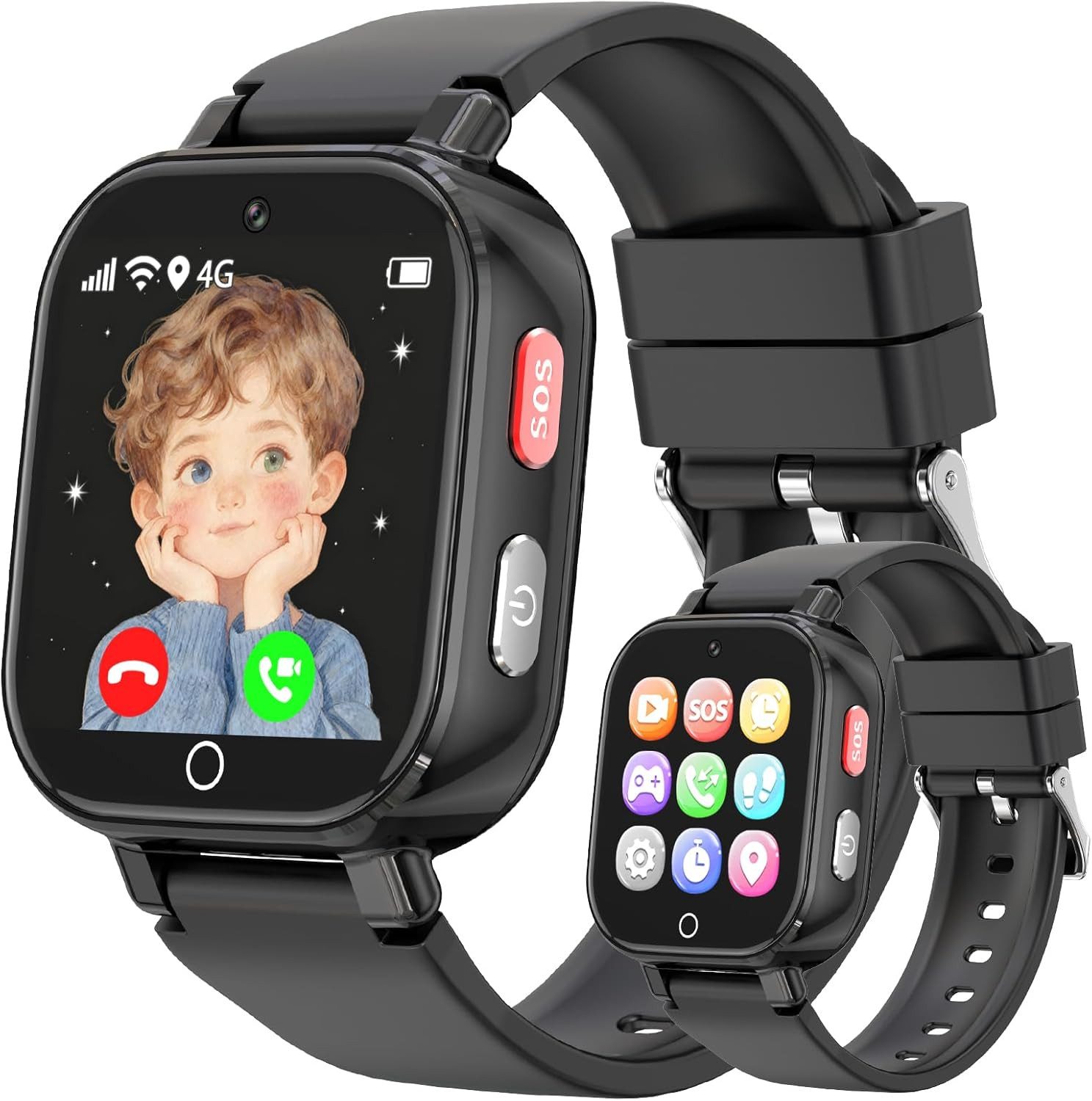 PTHTECHUS Kinder GPS Uhr; mit 4G Videoanruf, SOS & Schrittzähler Smartwatch (2,5 cm, sim-karte), Multifunktionale Uhr mit Lernspielen, Wecker & HD-Kamera