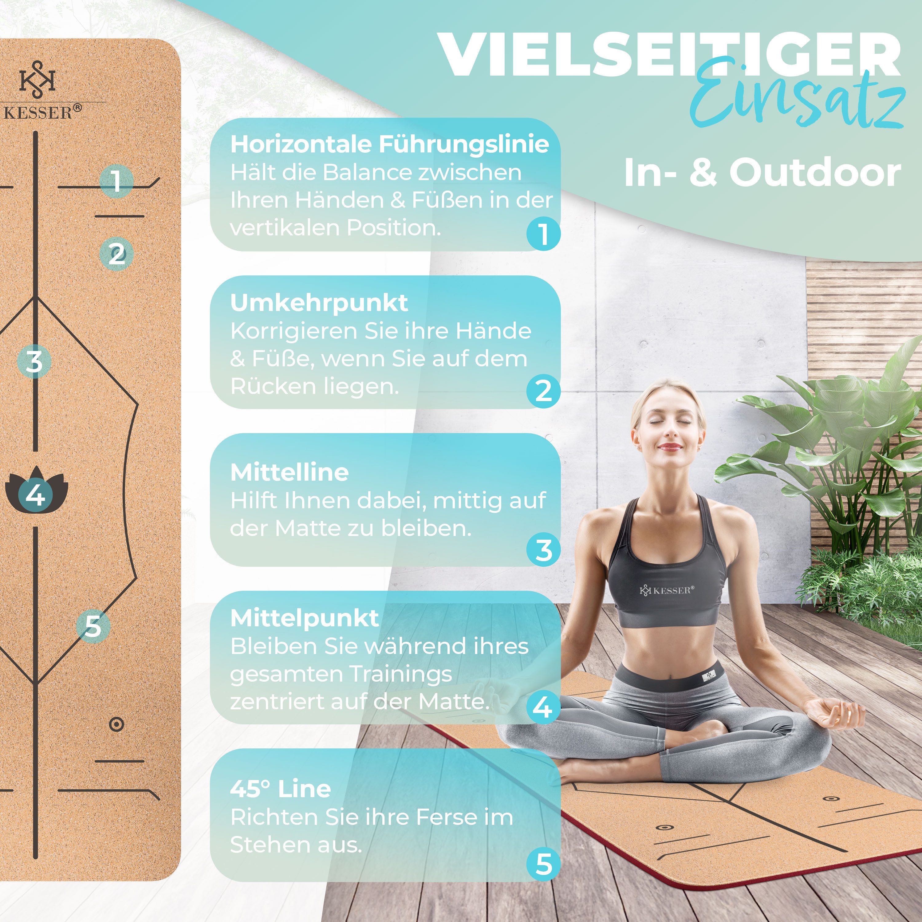 KESSER Yogamatte, Fitnessmatte Kork mit Tragegurt & Tasche Gymnastikmatte Trainingsmatte
