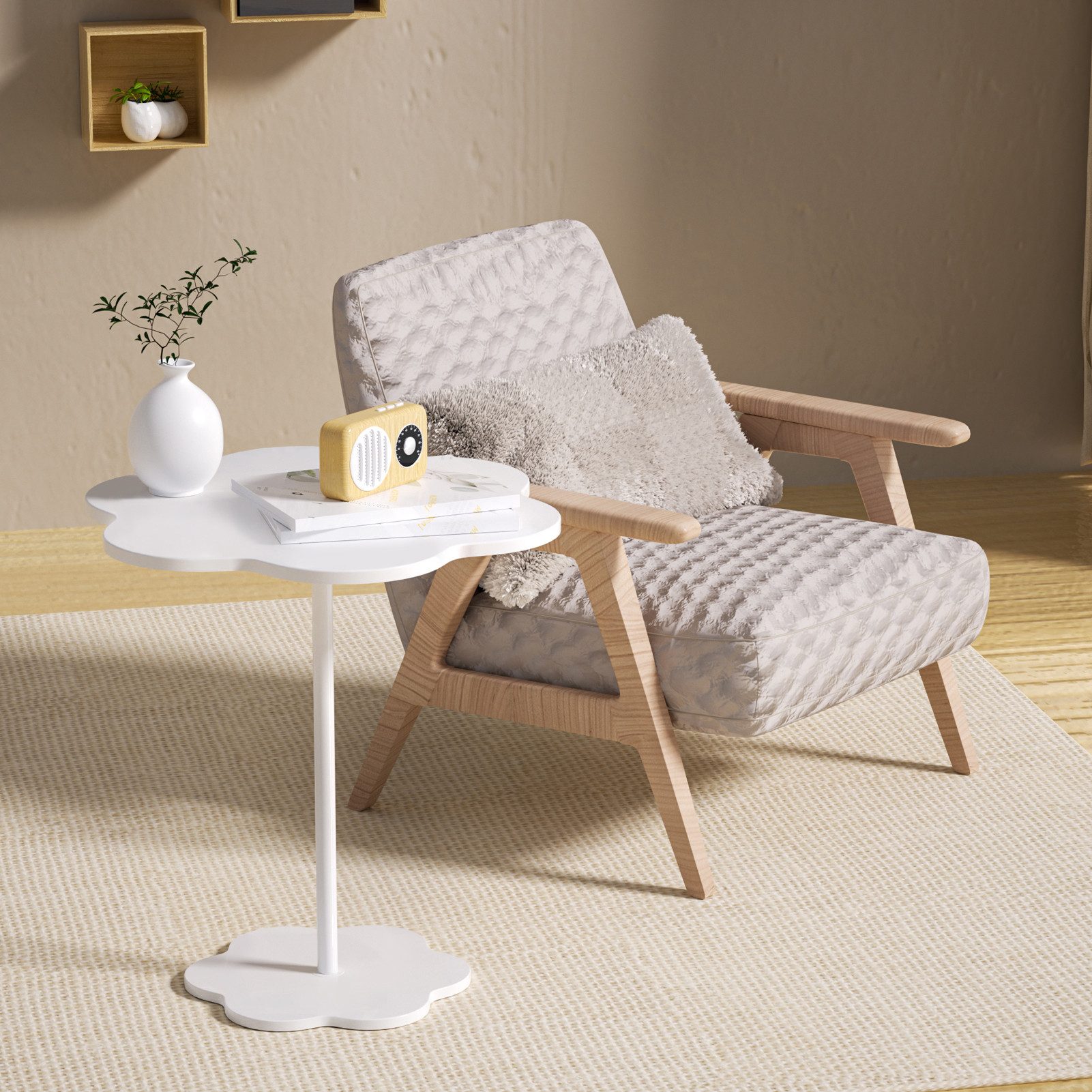 Rutaqian Beistelltisch Beistelltisch Couchtisch klein Wohnzimmer SchlafzimmerTisch (Blumenförmiger -Teetisch), mit Aufbewahrungsregal,52 x 58cm,Couchtisch klein