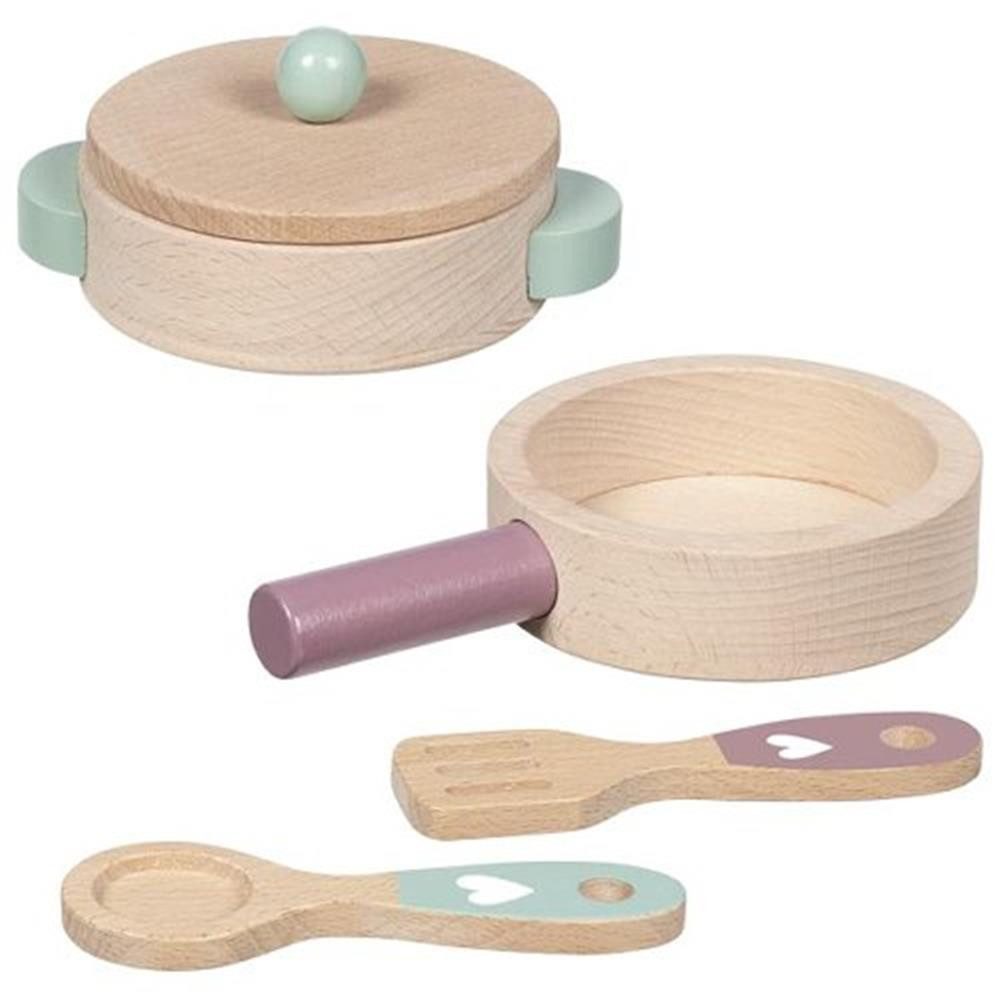 goki Spielgeschirr Kochset Kinderküche Holz Spielküche Zubehör Küchenliebe 5-teilig Set, 5-teiliges Kochset für Kinderküche und Rollenspiele