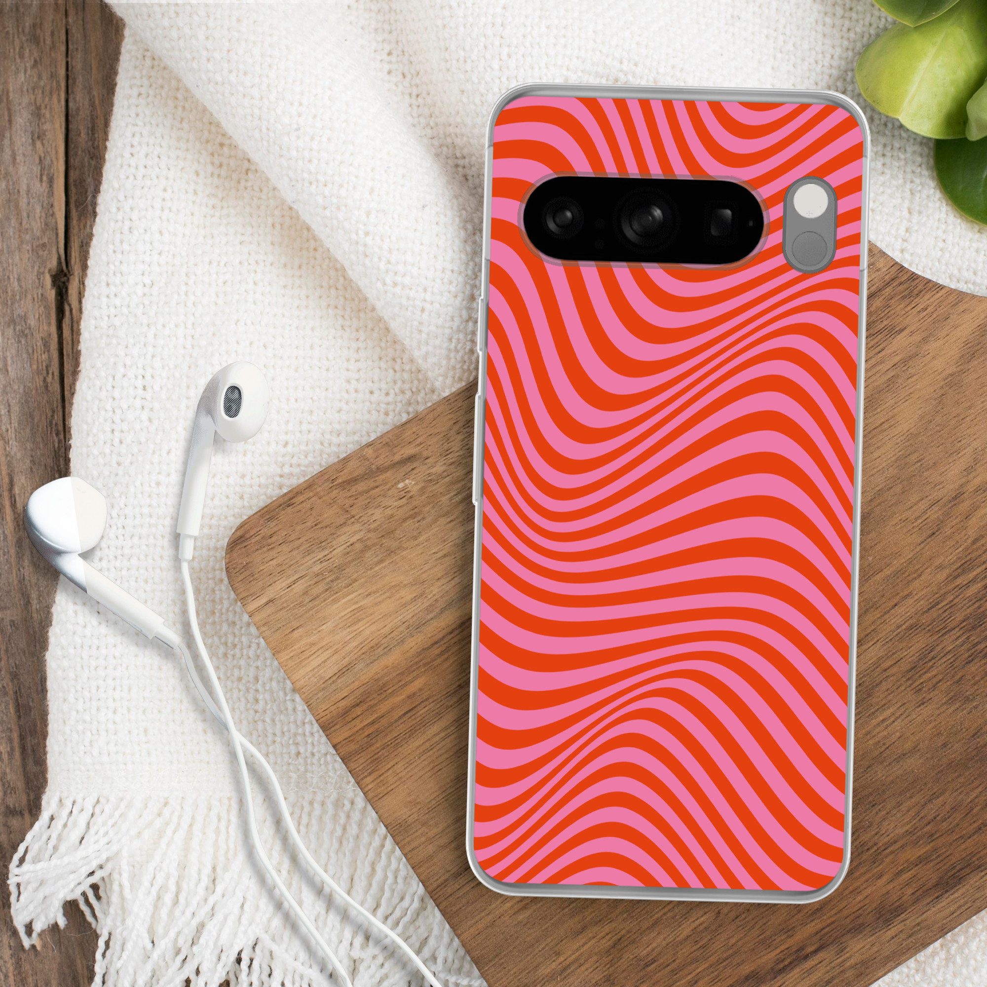 MuchoWow Handyhülle für Google Pixel 8 Pro Wellenförmiges Muster - Rot - Rosa - Linien, Phone Case, Silikon, Schutzhülle Dünn