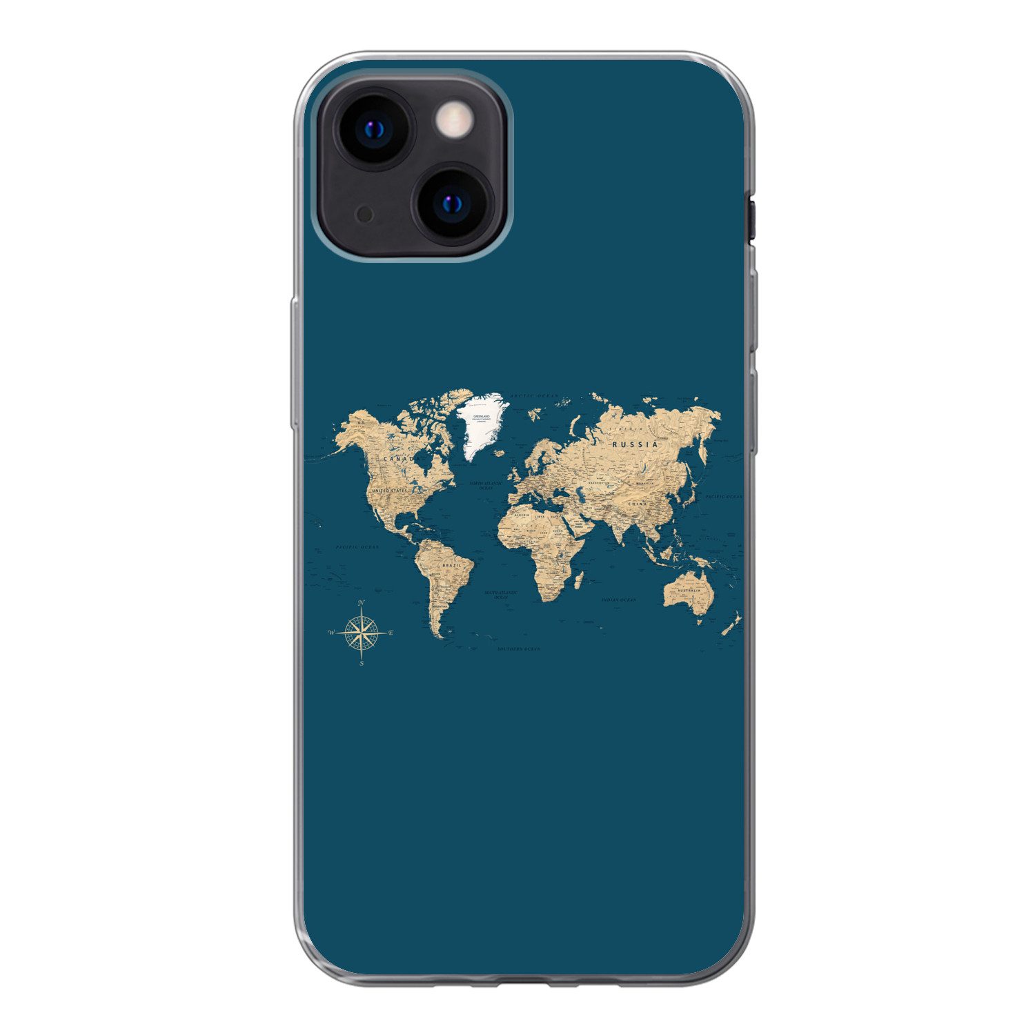 MuchoWow Handyhülle für Apple iPhone 13 Weltkarte - Dunkelblau - Beige, Smartphone-Bumper, Print, Handy Schutzhülle Dünn