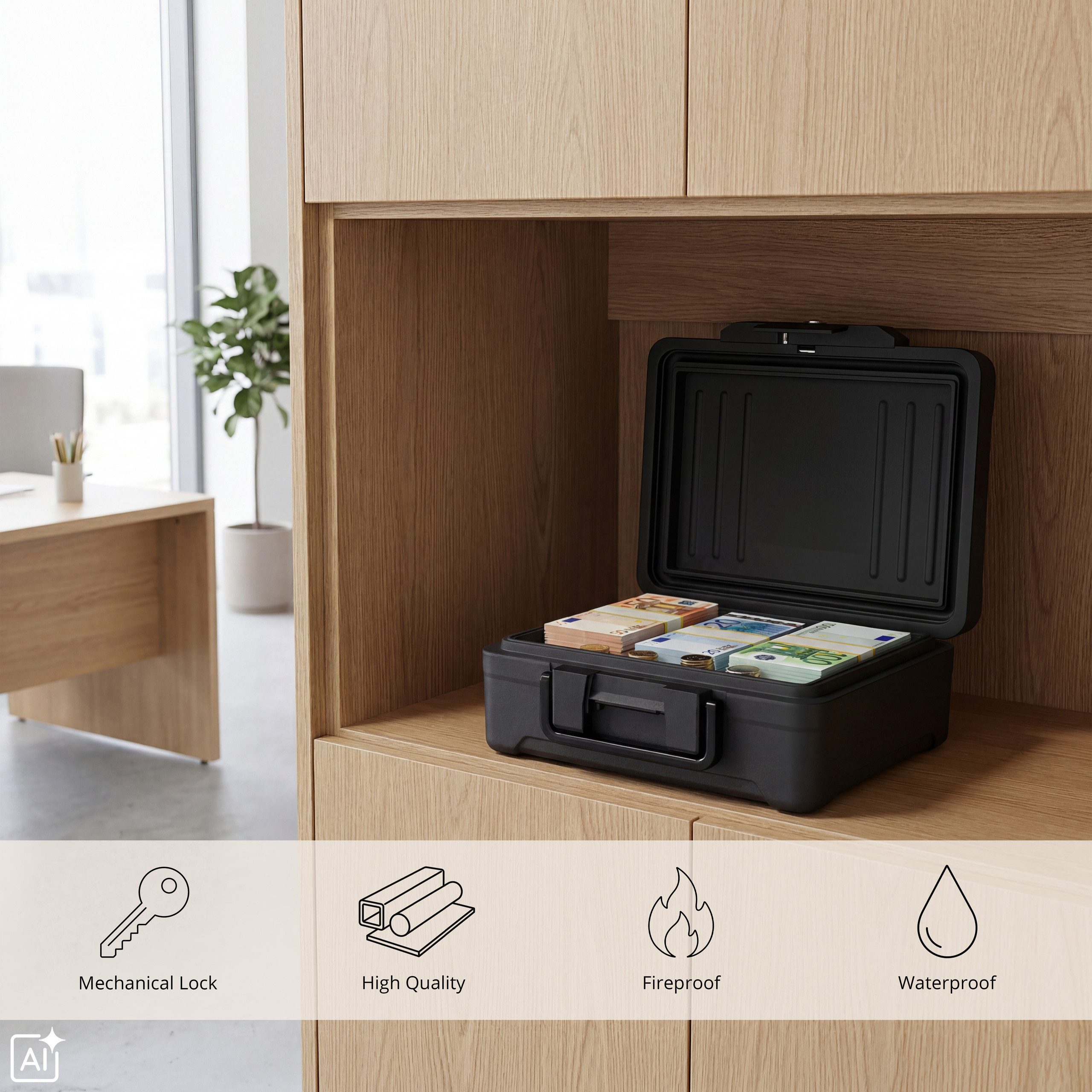 hjh OFFICE Möbeltresor Tresor Safe Compact Slim 100% Polypropylen, Abschließbare Kassette, DIN-A4-Dokumente, feuerbeständig wasserdicht